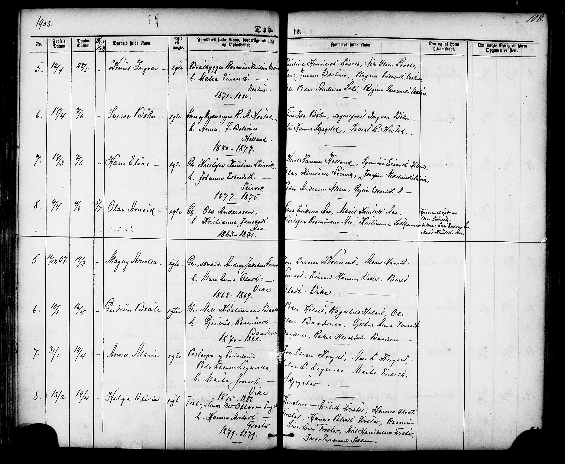 Ministerialprotokoller, klokkerbøker og fødselsregistre - Møre og Romsdal, AV/SAT-A-1454/539/L0536: Parish register (copy) no. 539C02, 1867-1913, p. 108