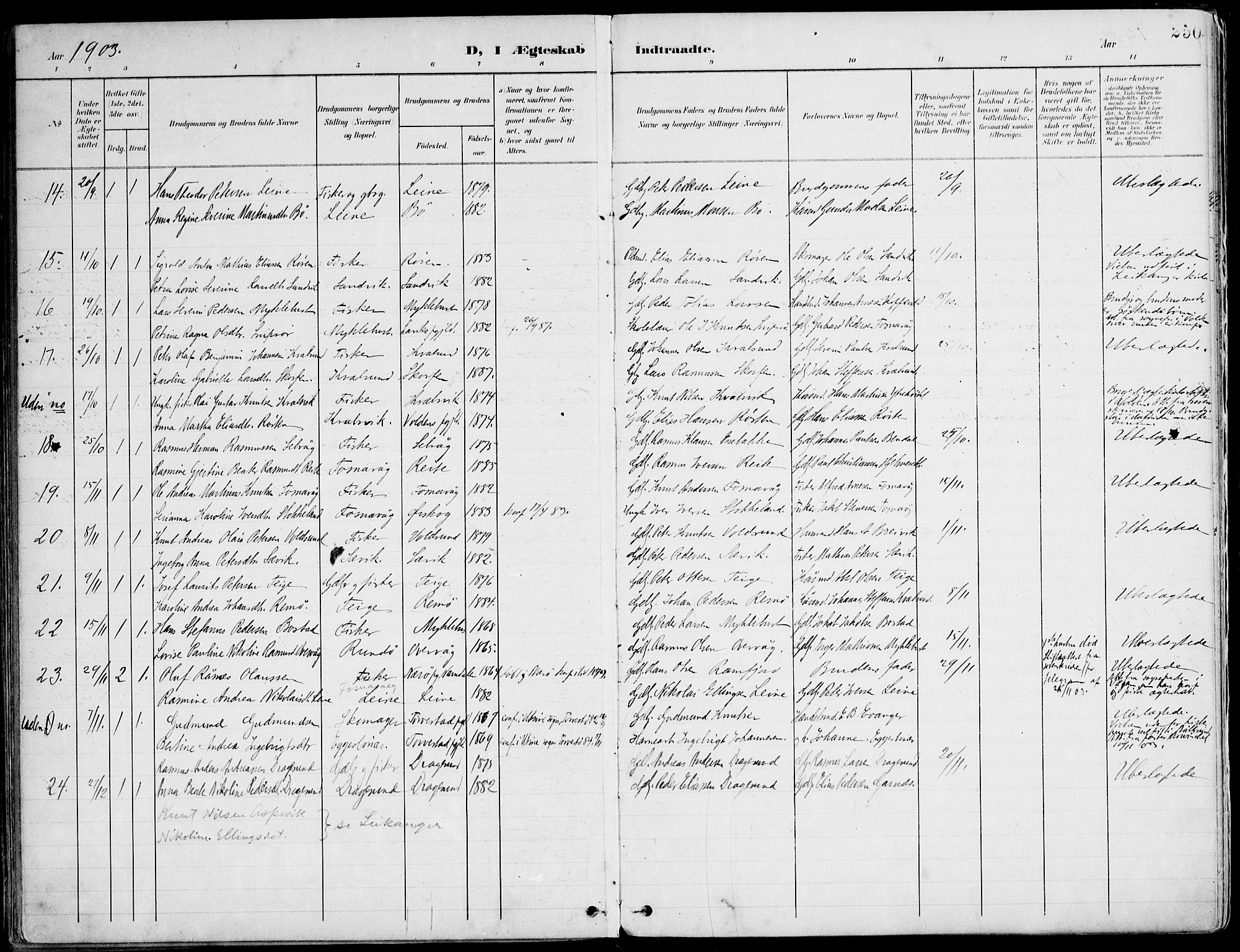 Ministerialprotokoller, klokkerbøker og fødselsregistre - Møre og Romsdal, SAT/A-1454/507/L0075: Parish register (official) no. 507A10, 1901-1920, p. 250