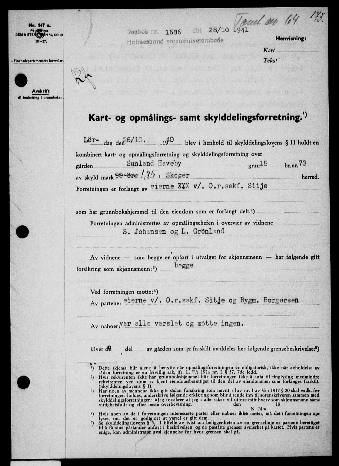 Holmestrand sorenskriveri, SAKO/A-67/G/Ga/Gaa/L0054: Mortgage book no. A-54, 1941-1942, Diary no: : 1686/1941