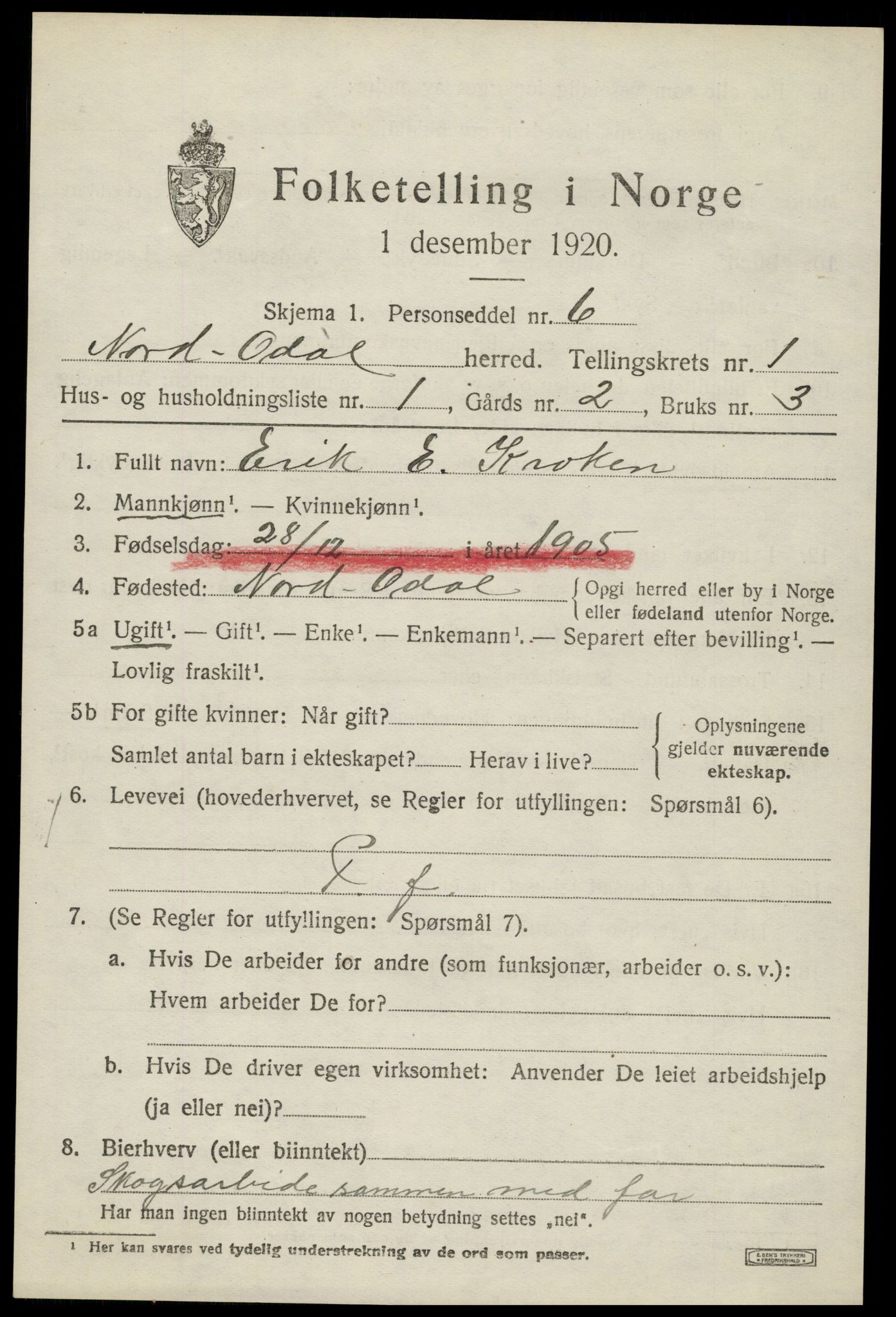 SAH, 1920 census for Nord-Odal, 1920, p. 1809