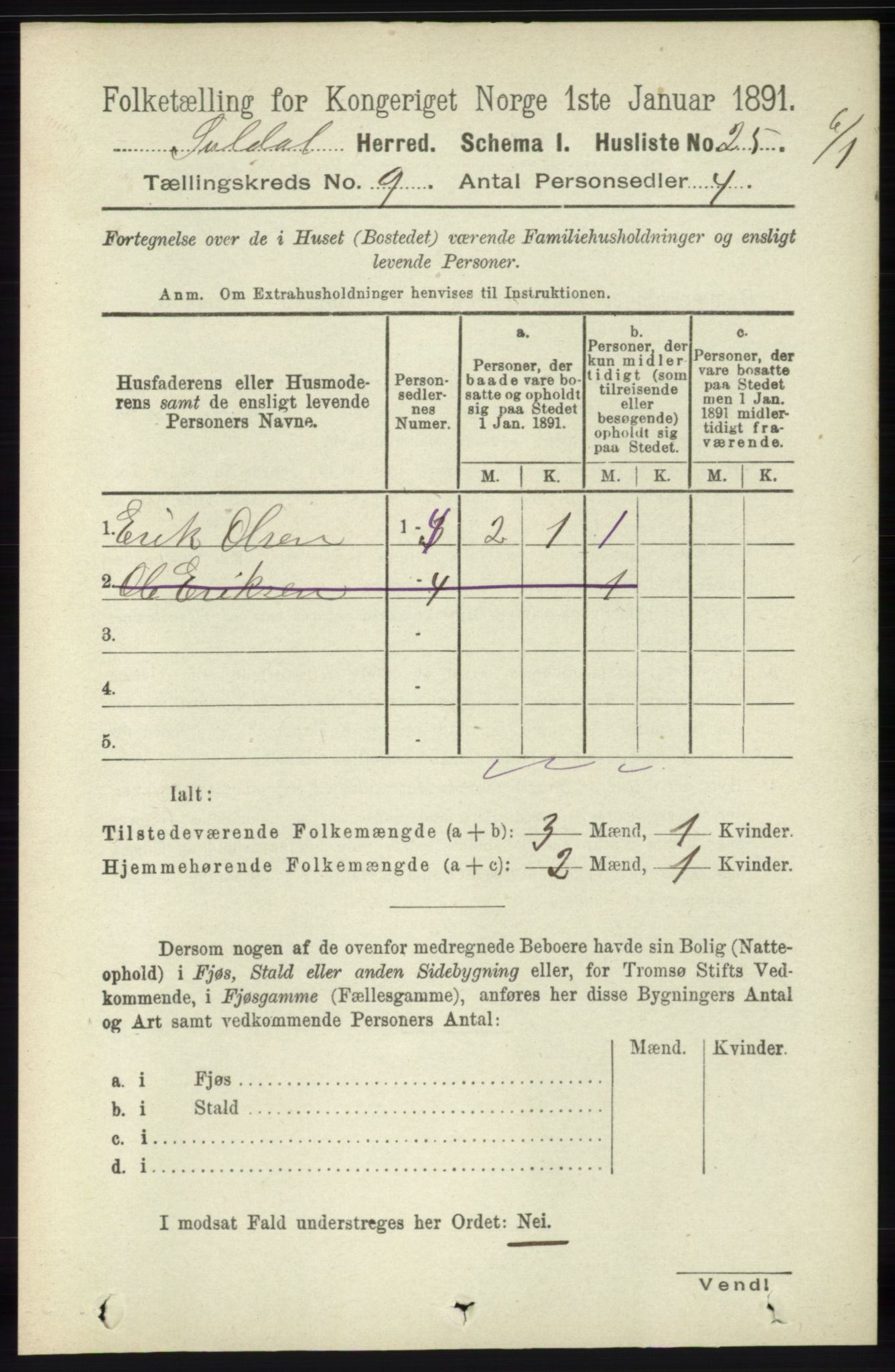 RA, 1891 census for 1134 Suldal, 1891, p. 2647