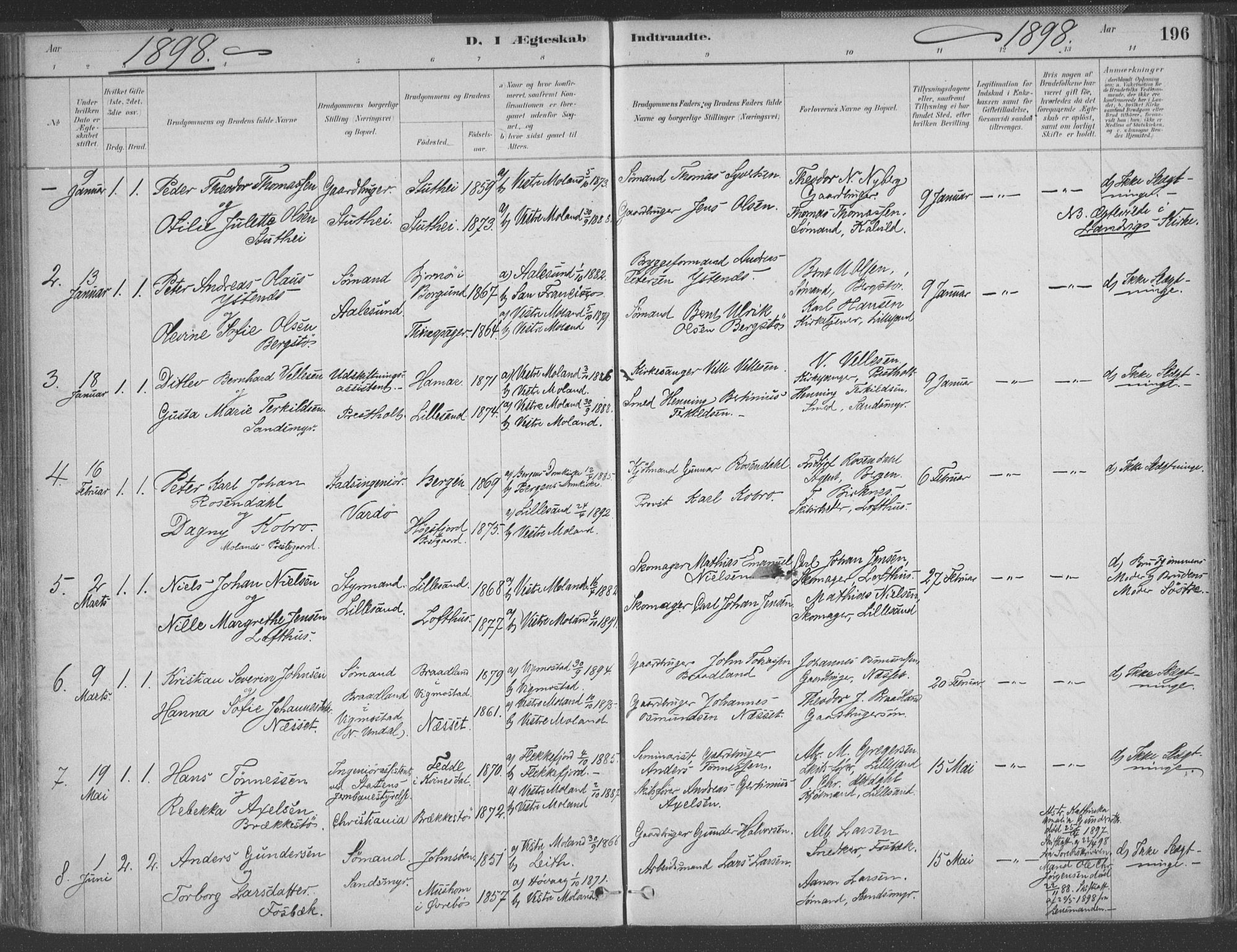 Vestre Moland sokneprestkontor, SAK/1111-0046/F/Fa/Fab/L0009: Parish register (official) no. A 9, 1884-1899, p. 196