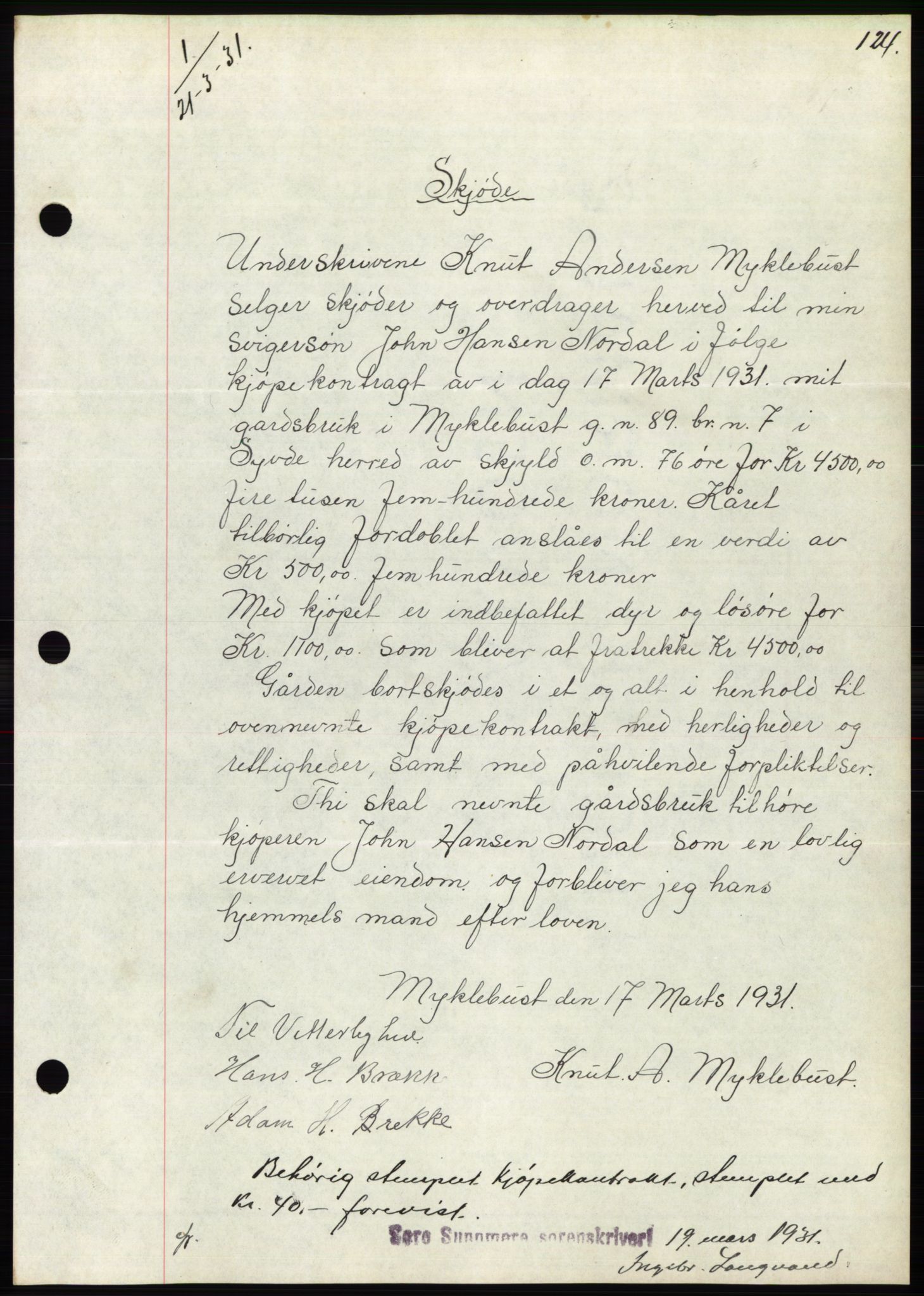 Søre Sunnmøre sorenskriveri, AV/SAT-A-4122/1/2/2C/L0052: Mortgage book no. 46, 1931-1931, Deed date: 21.03.1931