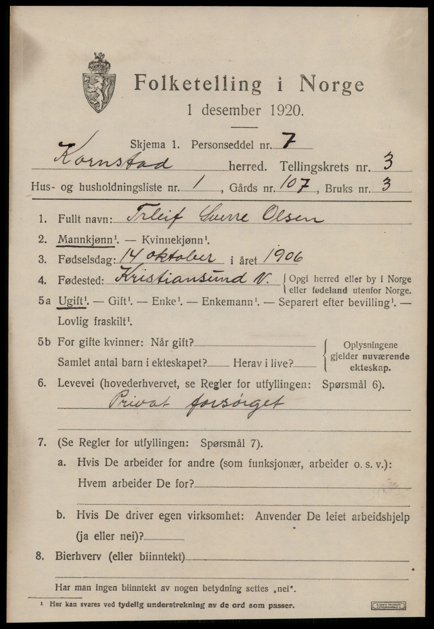 SAT, 1920 census for Kornstad, 1920, p. 1917