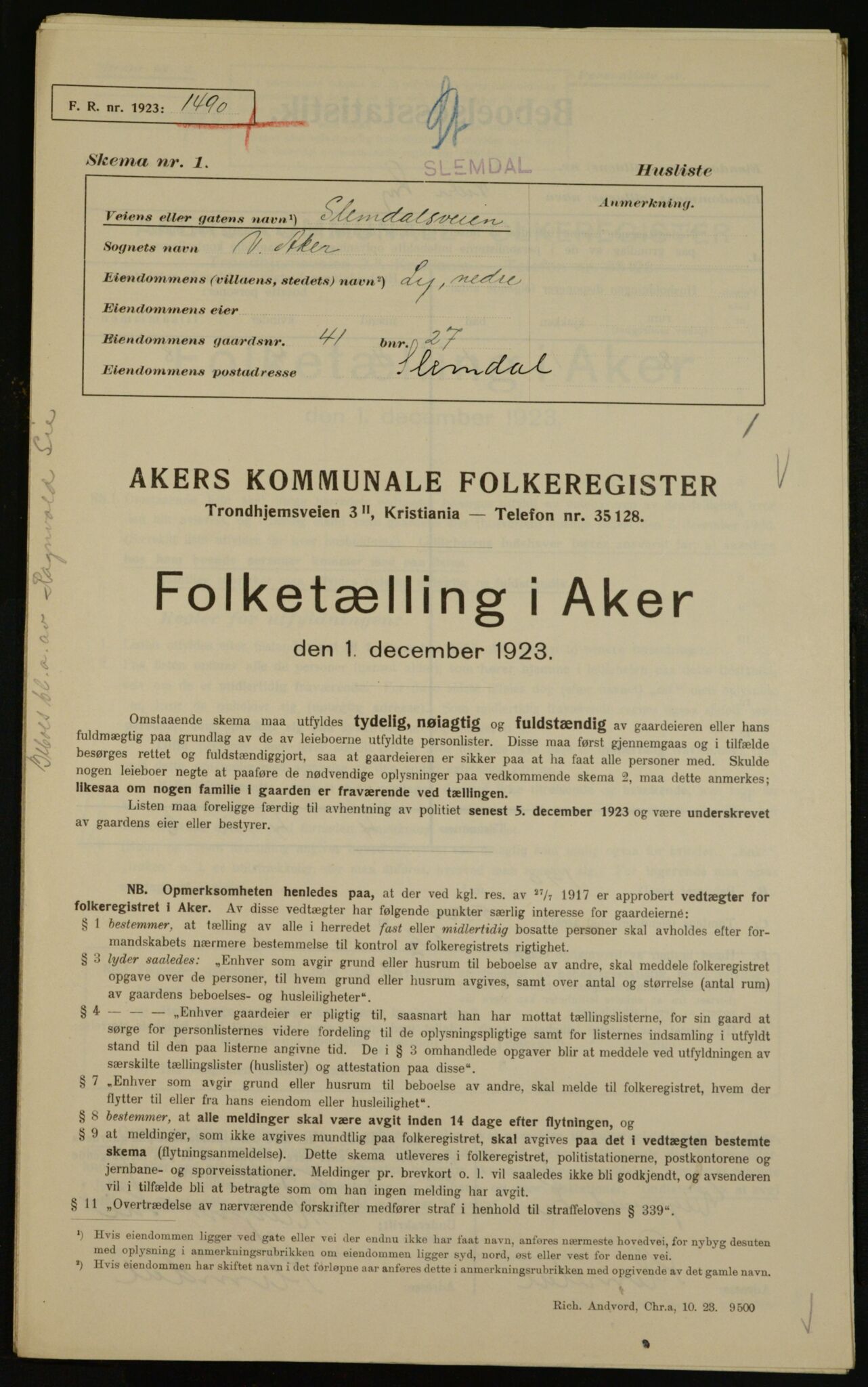 , Municipal Census 1923 for Aker, 1923, p. 17206