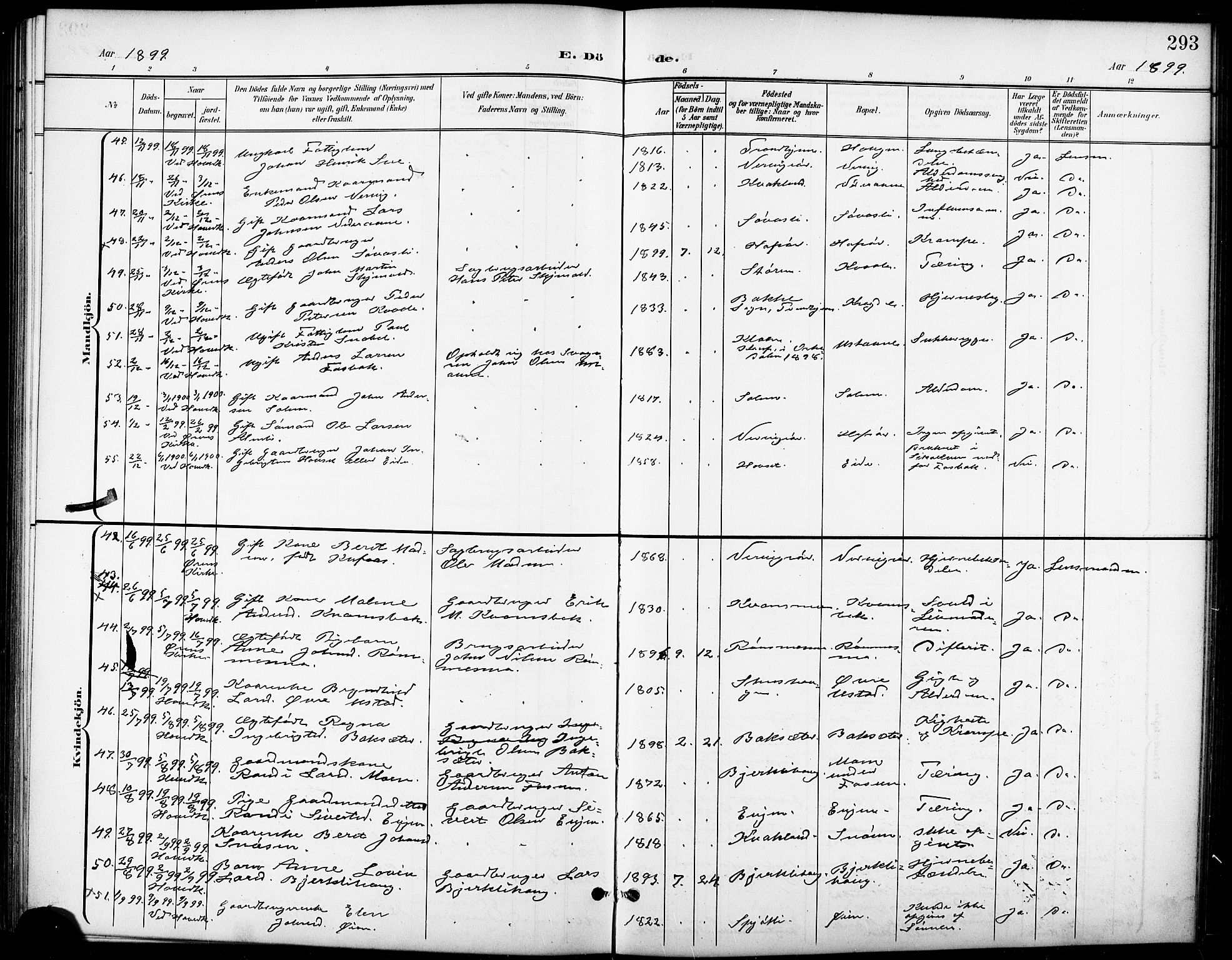 Ministerialprotokoller, klokkerbøker og fødselsregistre - Sør-Trøndelag, AV/SAT-A-1456/668/L0819: Parish register (copy) no. 668C08, 1899-1912, p. 293