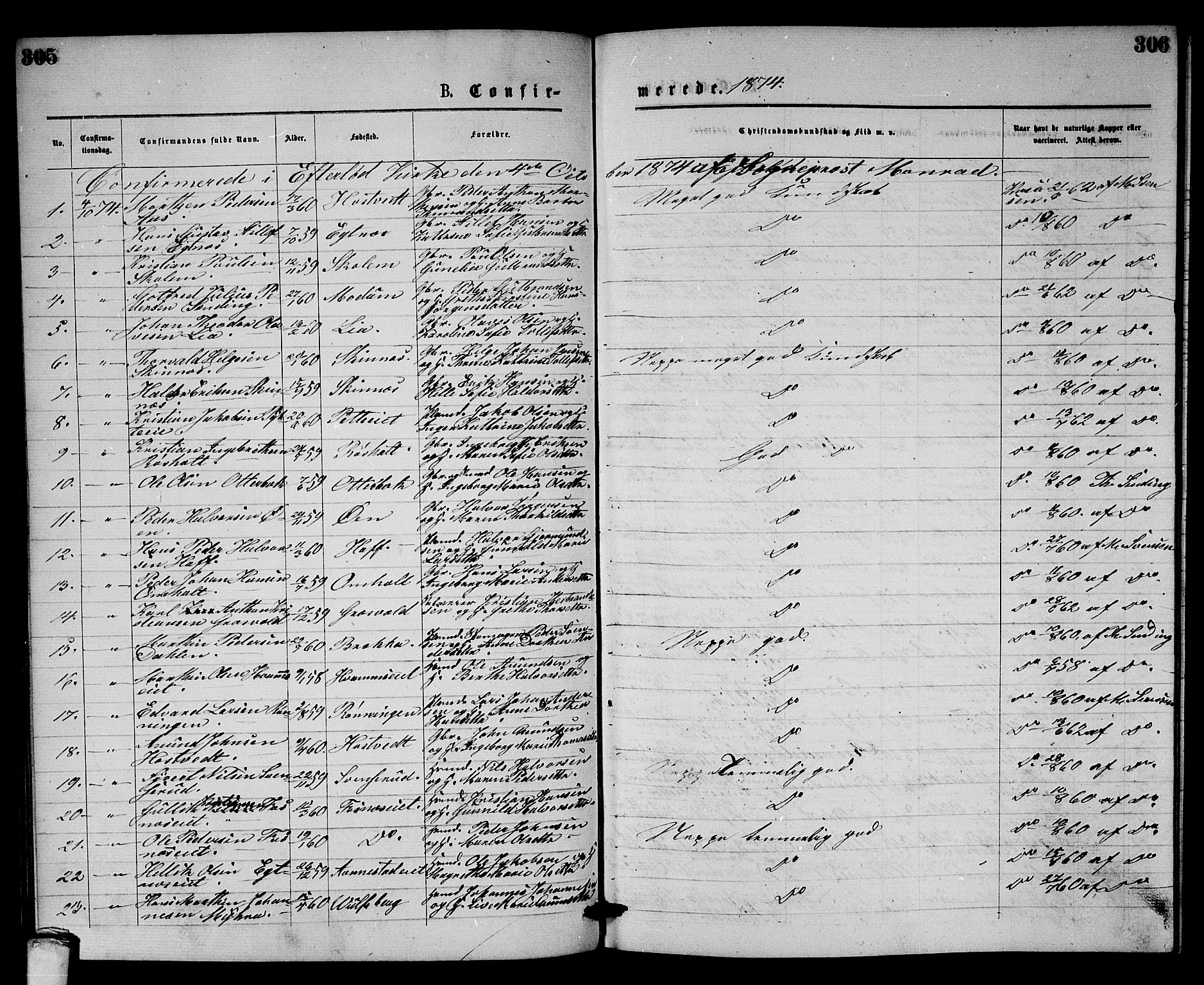 Sandsvær kirkebøker, SAKO/A-244/G/Gb/L0001: Parish register (copy) no. II 1, 1874-1885, p. 305-306