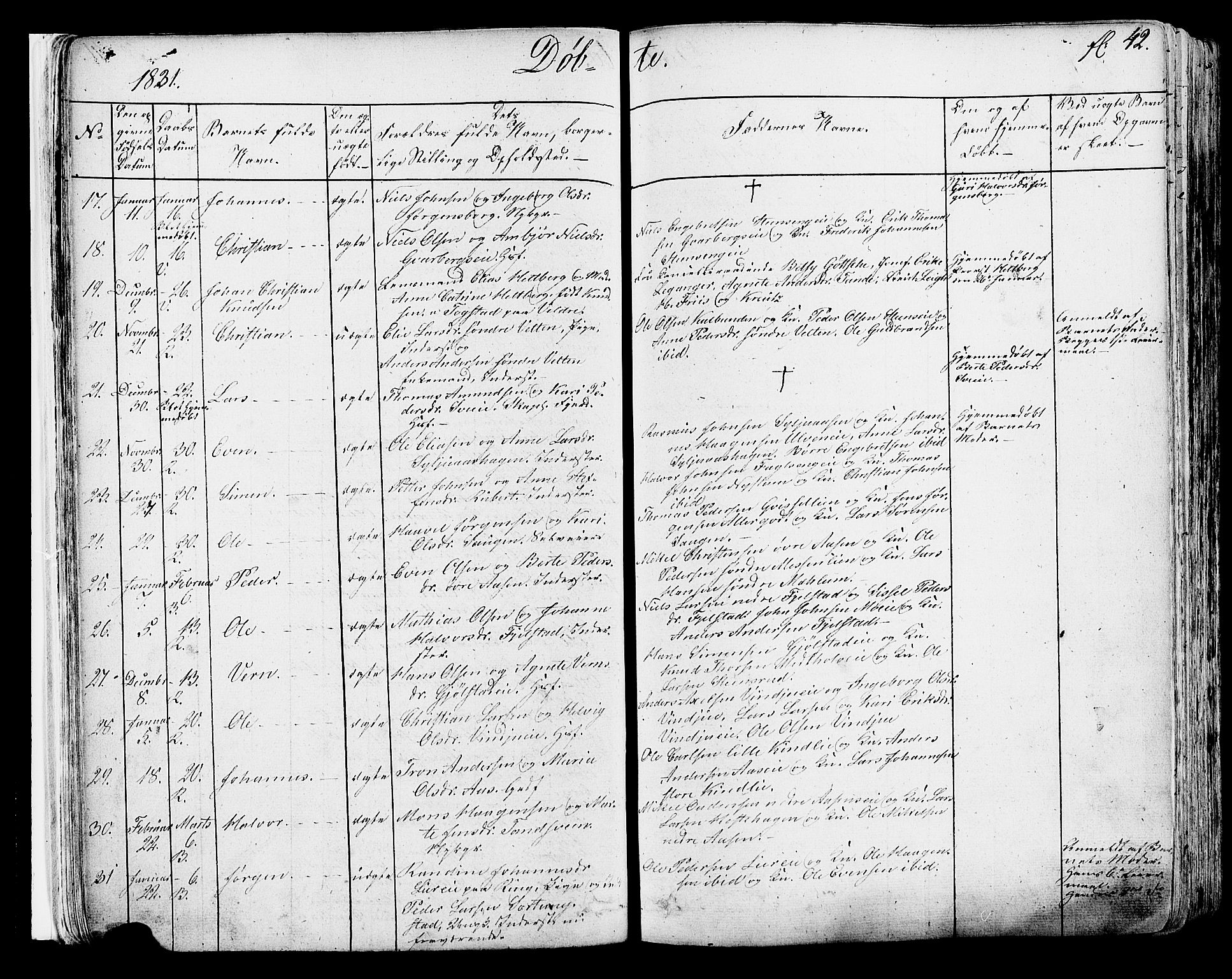 Ringsaker prestekontor, AV/SAH-PREST-014/K/Ka/L0007: Parish register (official) no. 7A, 1826-1837, p. 42