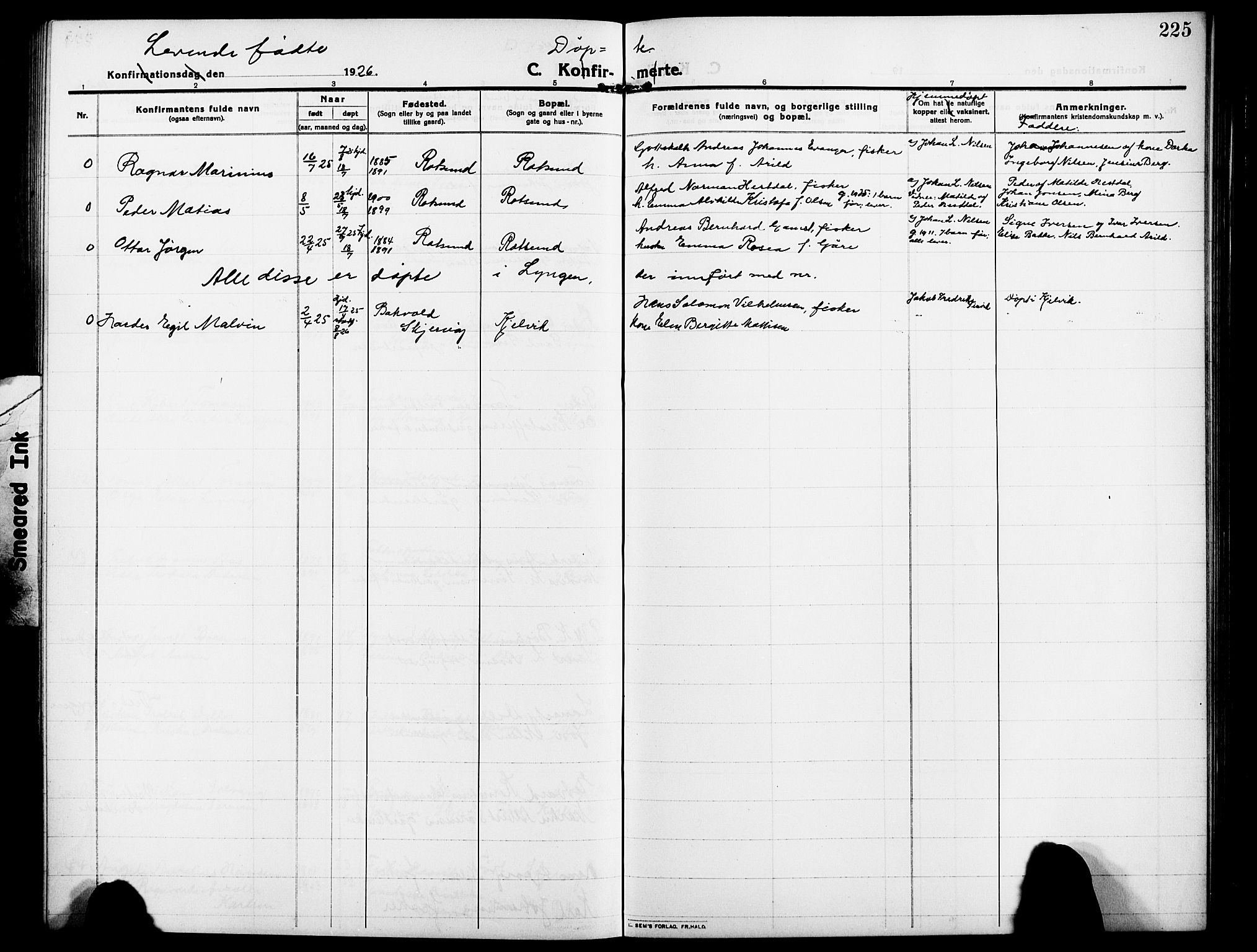 Skjervøy sokneprestkontor, AV/SATØ-S-1300/H/Ha/Hab/L0009klokker: Parish register (copy) no. 9, 1911-1926, p. 225