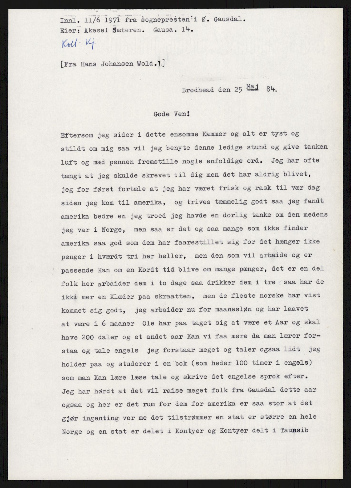 Samlinger til kildeutgivelse, Amerikabrevene, AV/RA-EA-4057/F/L0015: Innlån fra Oppland: Sæteren - Vigerust, 1838-1914, p. 111