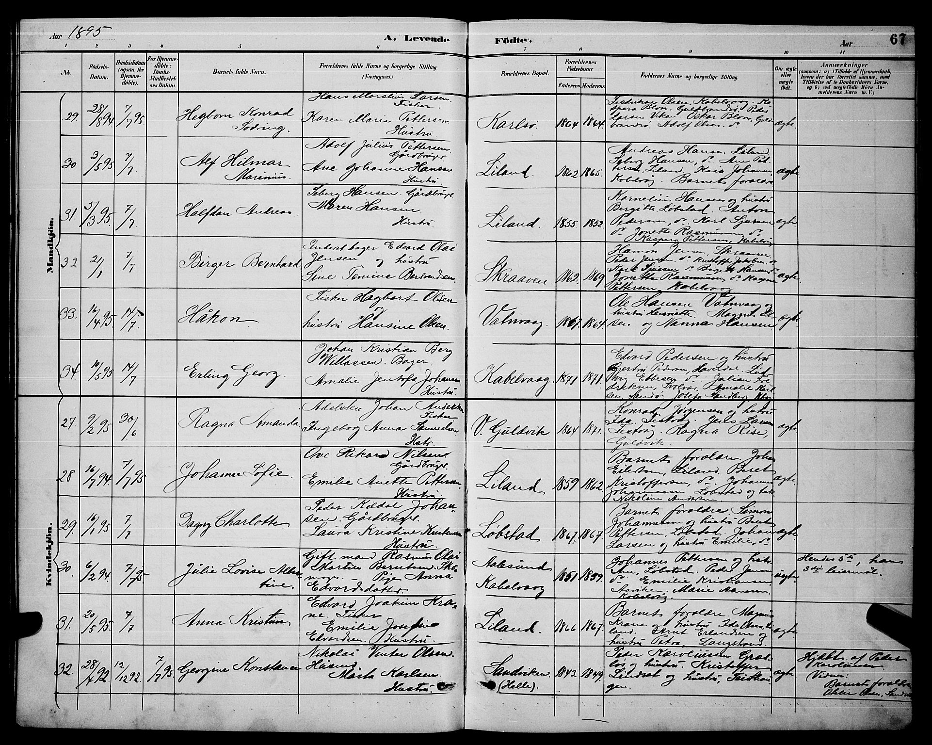 Ministerialprotokoller, klokkerbøker og fødselsregistre - Nordland, AV/SAT-A-1459/874/L1077: Parish register (copy) no. 874C06, 1891-1900, p. 67