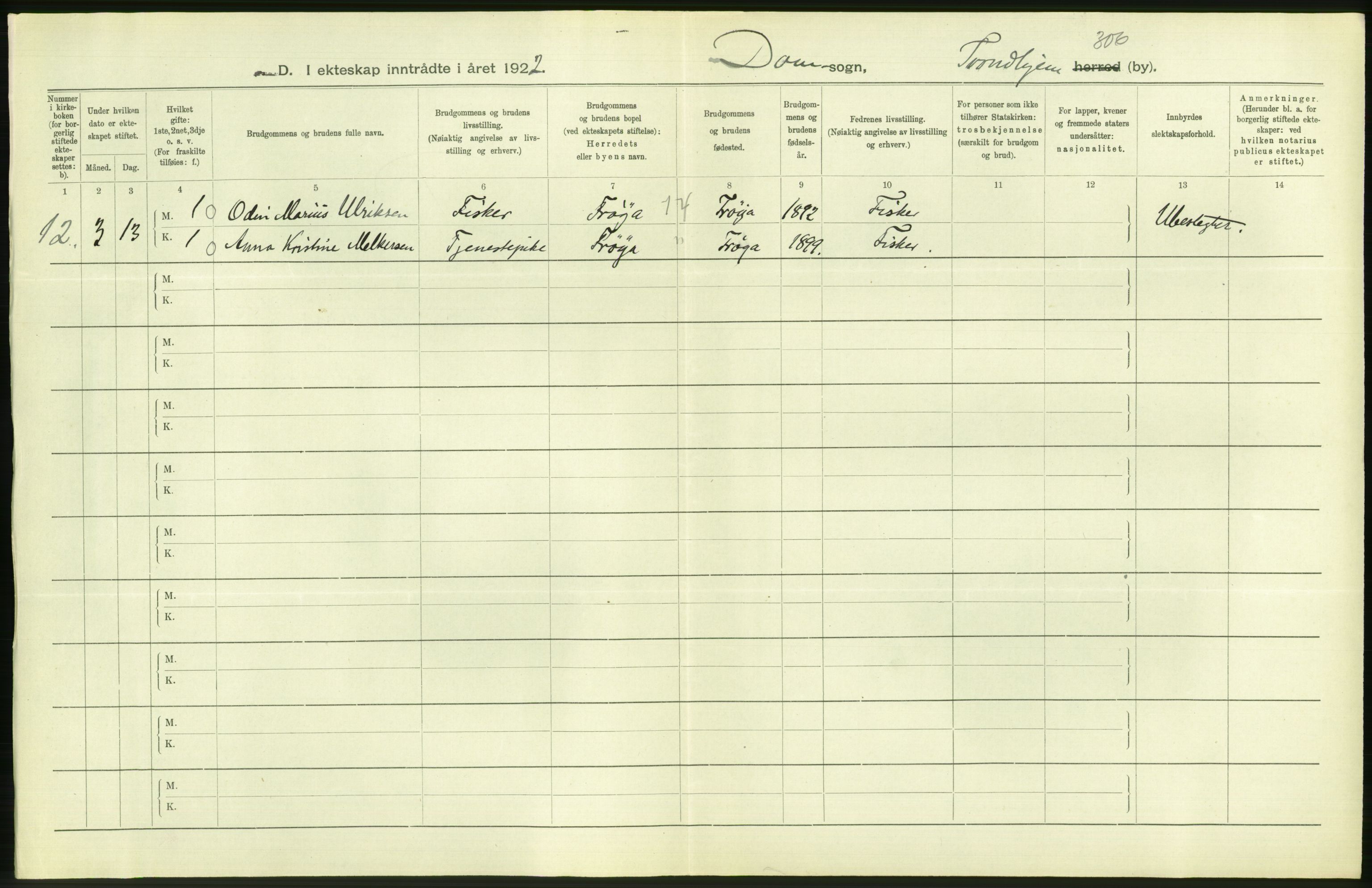 Statistisk sentralbyrå, Sosiodemografiske emner, Befolkning, AV/RA-S-2228/D/Df/Dfc/Dfcb/L0040: Trondheim: Gifte, døde, dødfødte., 1922, p. 56