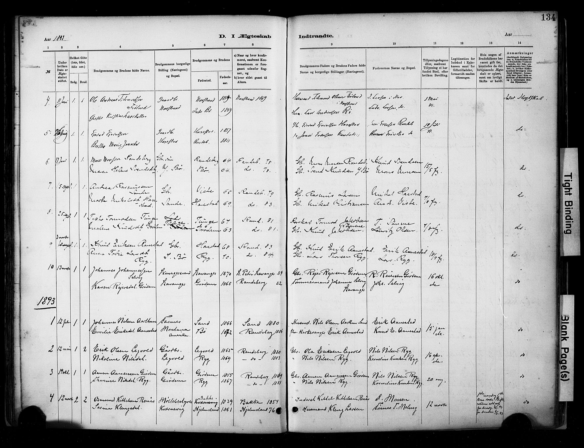 Hetland sokneprestkontor, SAST/A-101826/30/30BA/L0009: Parish register (official) no. A 9, 1882-1918, p. 134
