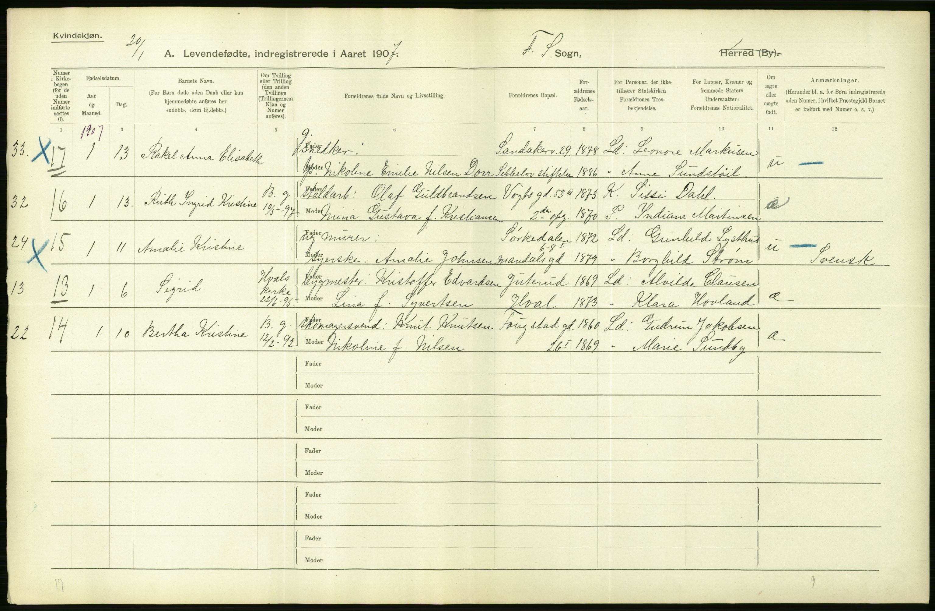 Statistisk sentralbyrå, Sosiodemografiske emner, Befolkning, AV/RA-S-2228/D/Df/Dfa/Dfae/L0007: Kristiania: Levendefødte menn og kvinner., 1907, p. 272