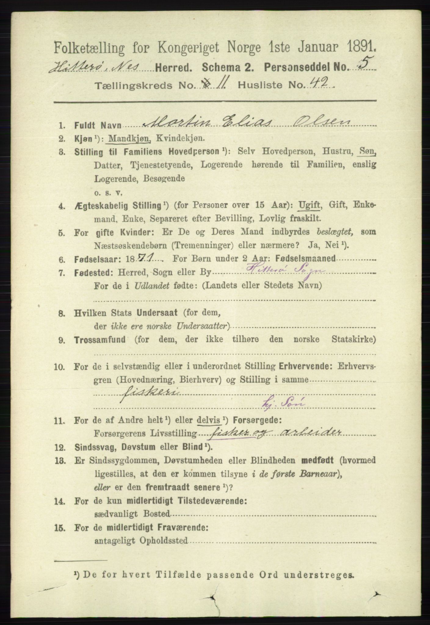 RA, 1891 census for 1043 Hidra og Nes, 1891, p. 4725