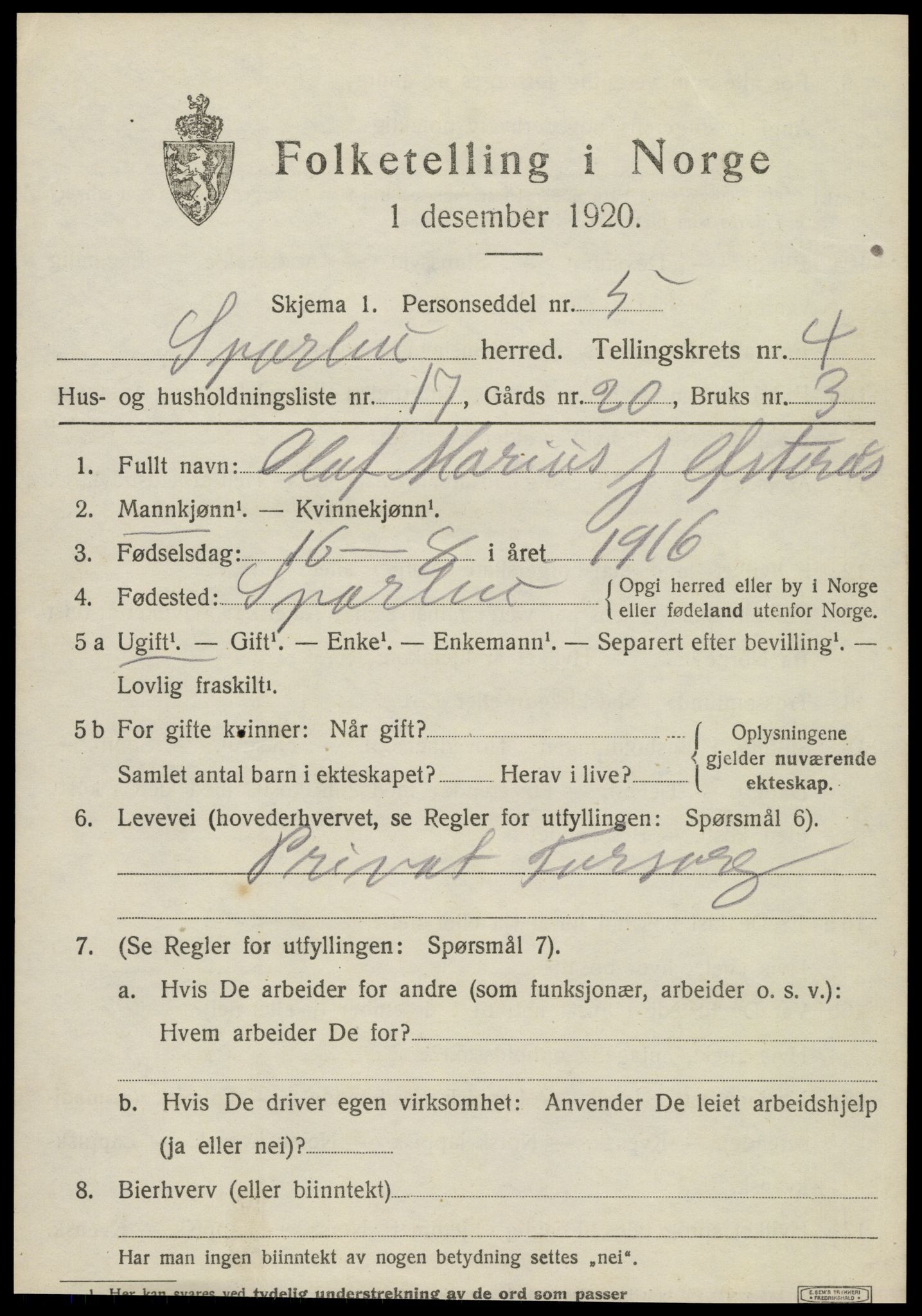 SAT, 1920 census for Sparbu, 1920, p. 5367