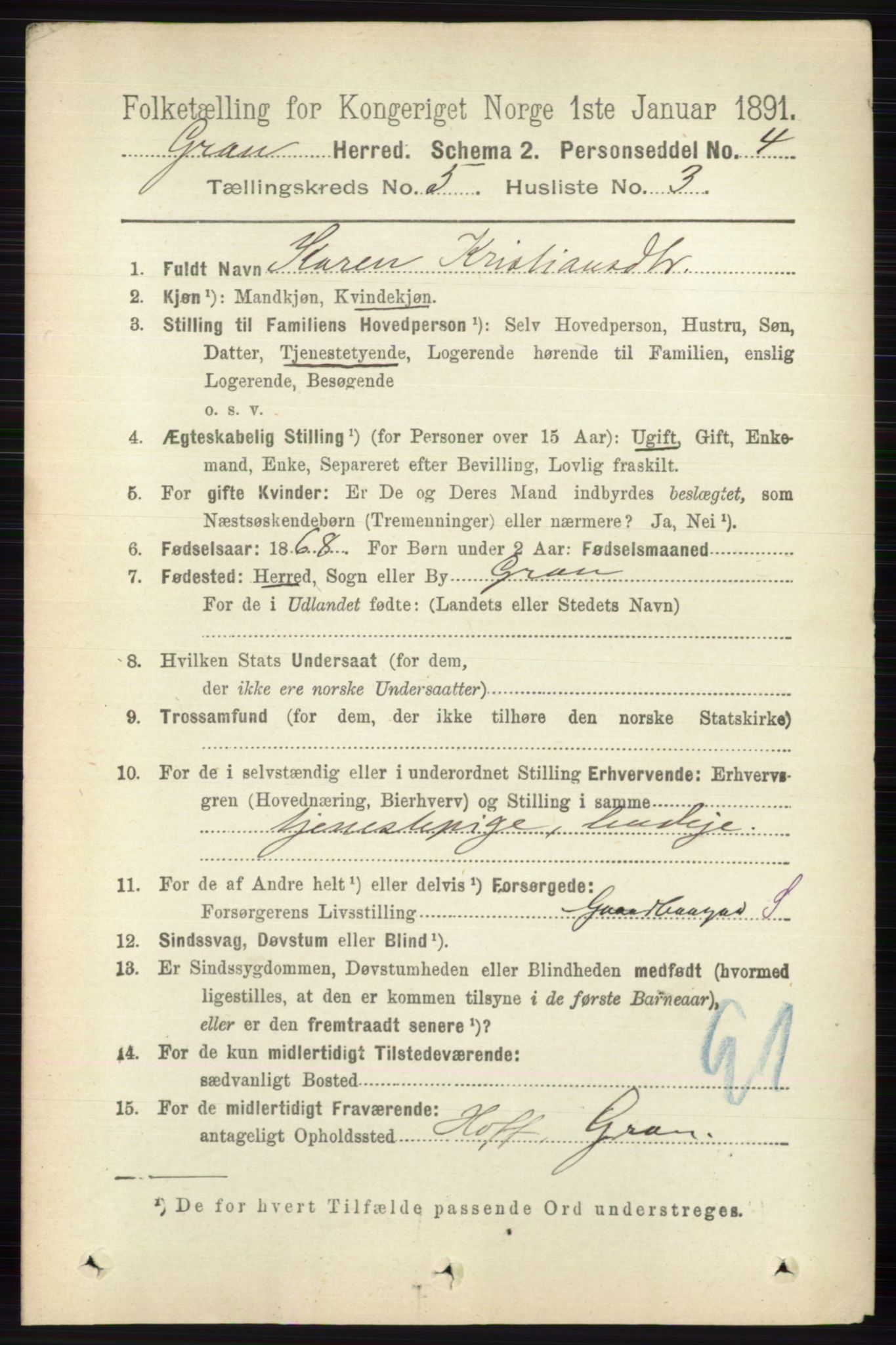 RA, 1891 census for 0534 Gran, 1891, p. 1624