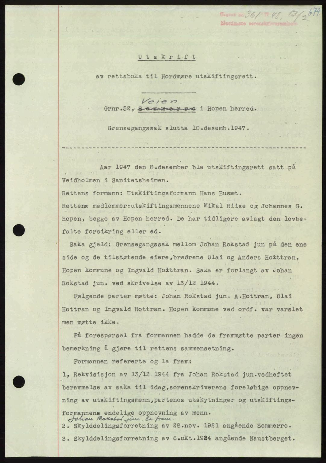 Nordmøre sorenskriveri, AV/SAT-A-4132/1/2/2Ca: Mortgage book no. A107, 1947-1948, Diary no: : 361/1948