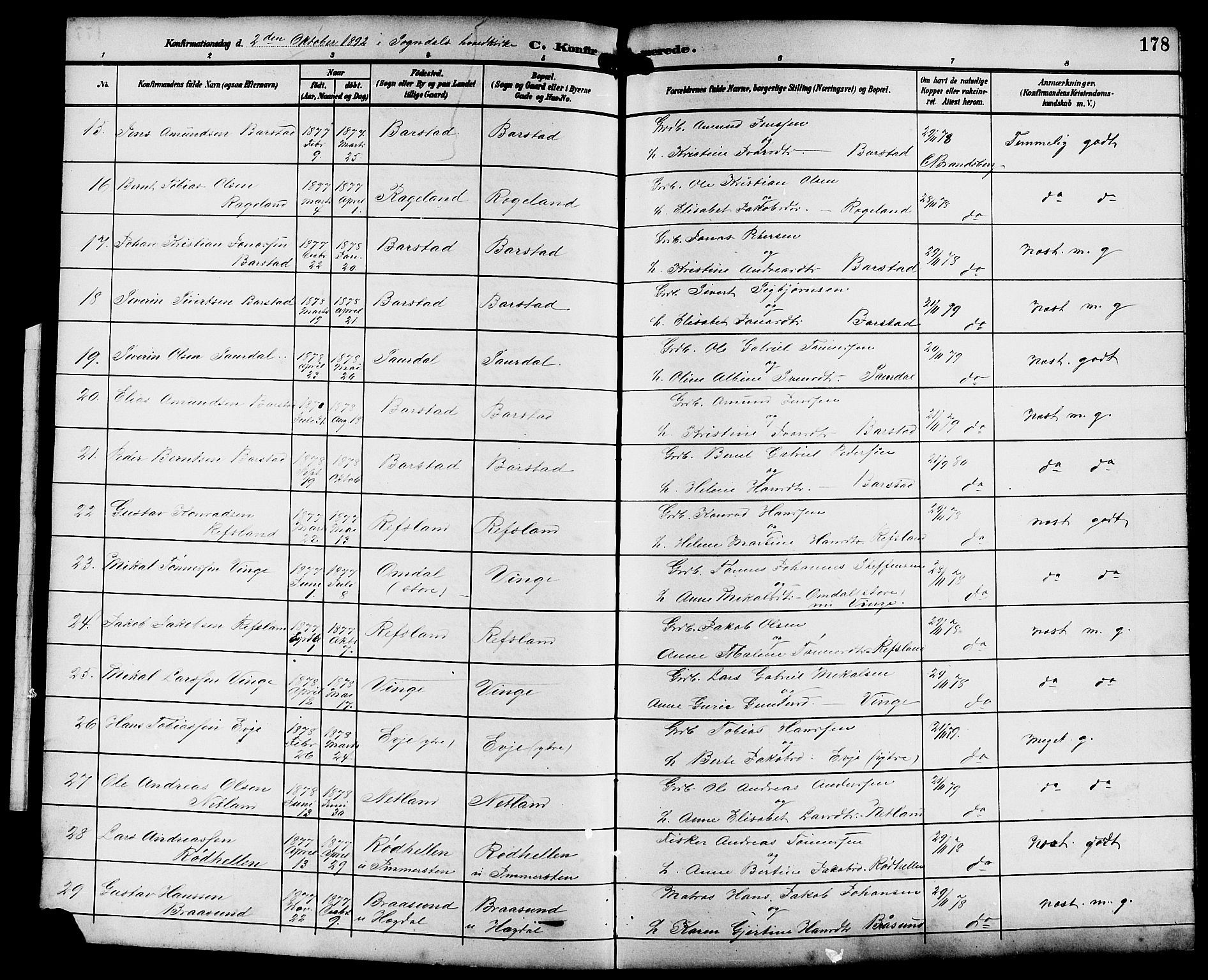 Sokndal sokneprestkontor, AV/SAST-A-101808/S07/L0006: Parish register (copy) no. B 6, 1892-1907, p. 178