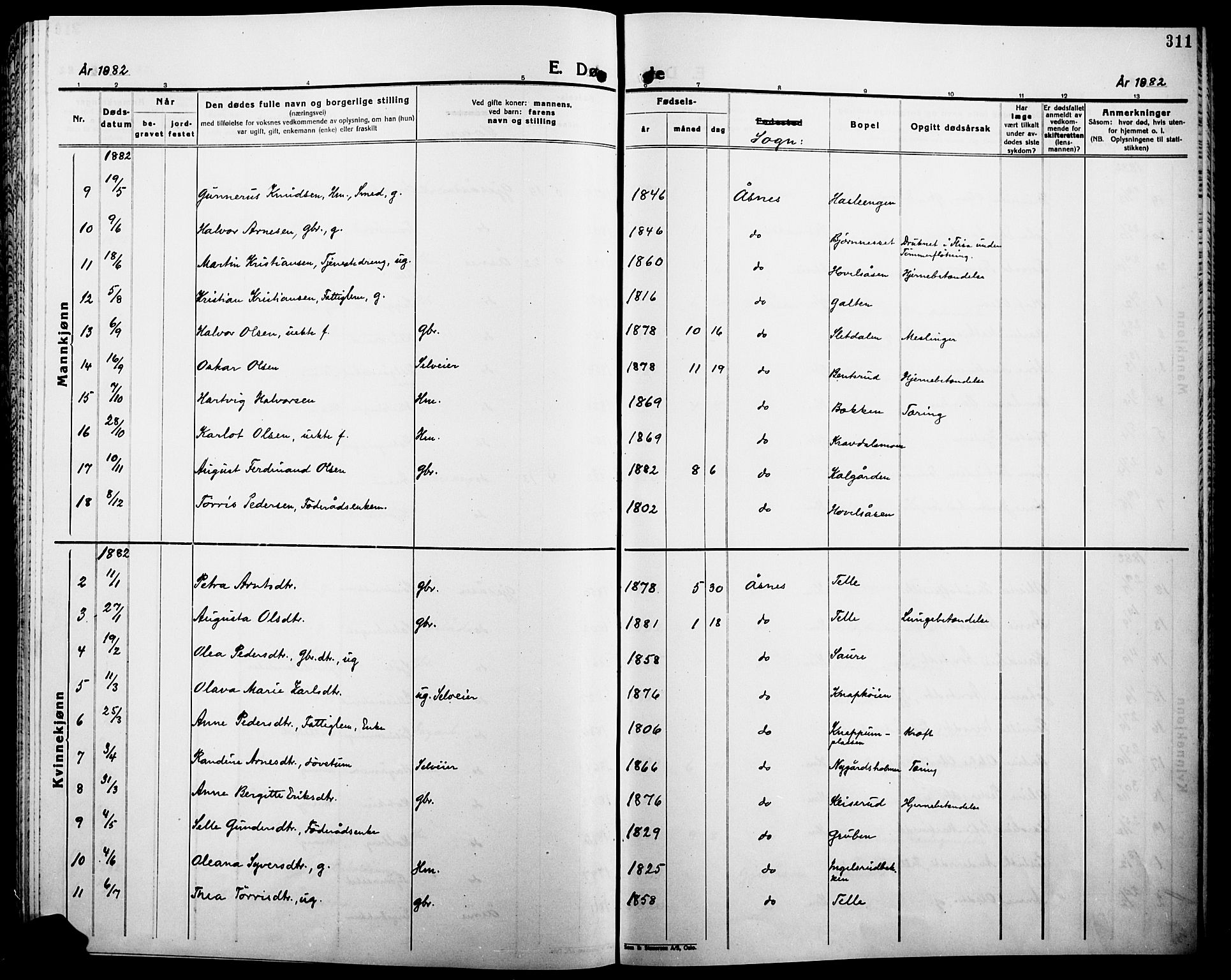 Åsnes prestekontor, AV/SAH-PREST-042/H/Ha/Haa/L0000B: Parish register (official), 1870-1889, p. 311