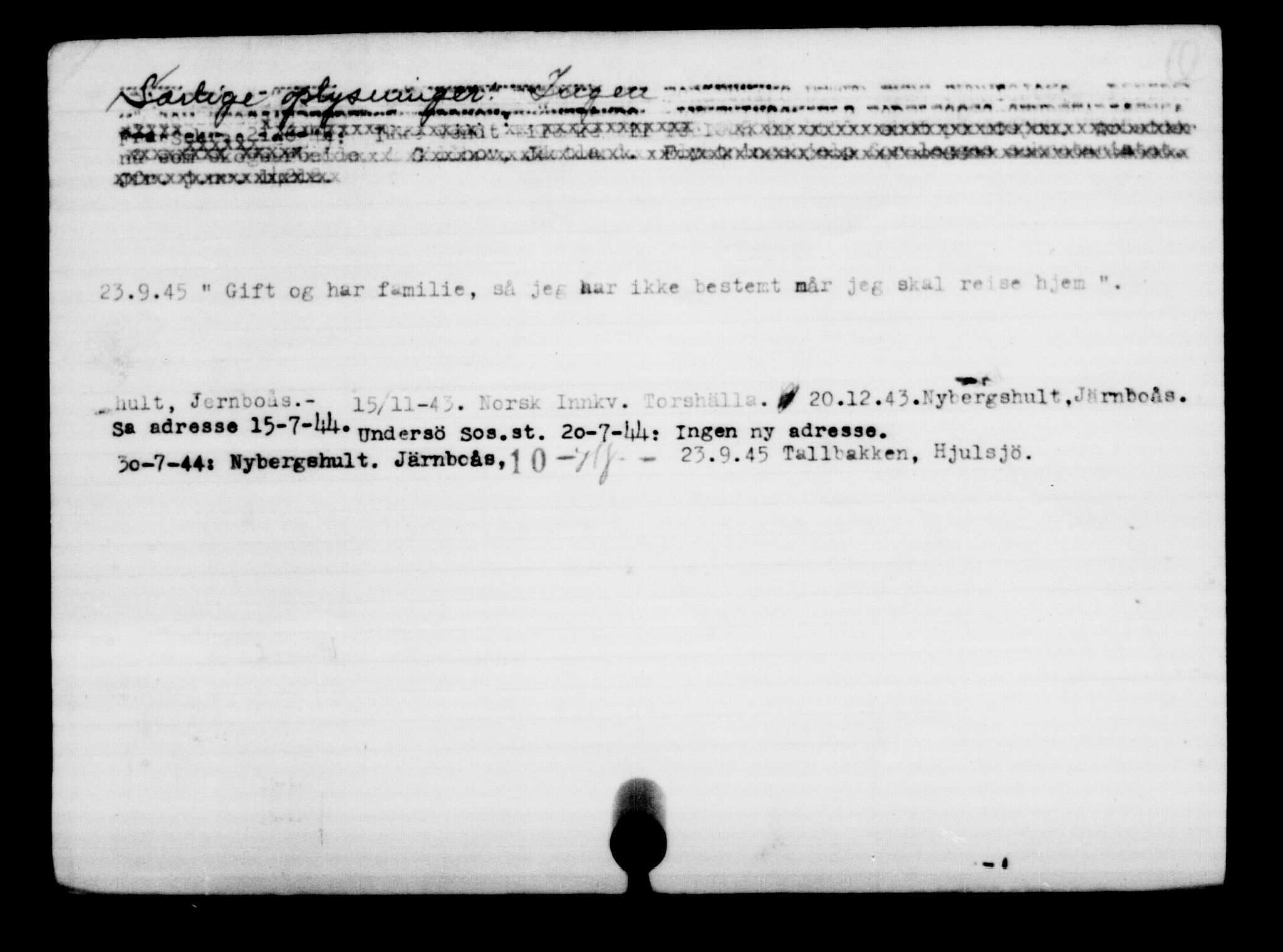 Utenriksstasjonene, Legasjonen i Stockholm, Flyktningkontoret, AV/RA-S-6753/V/Va/L0001: Kjesäterkartoteket, flyktninger med registreringsnr. 1-1000, 1940-1945, p. 1138