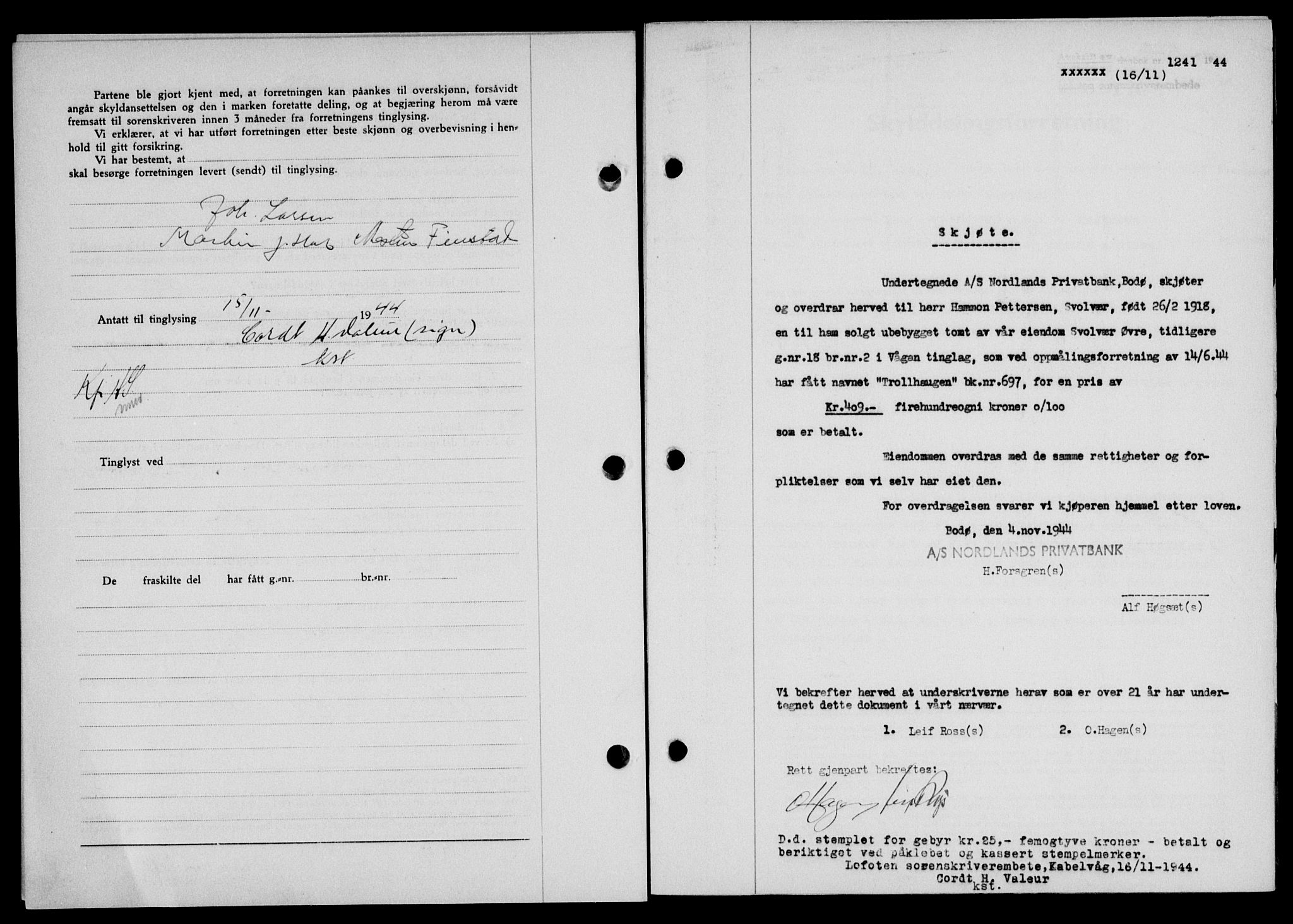 Lofoten sorenskriveri, SAT/A-0017/1/2/2C/L0012a: Mortgage book no. 12a, 1943-1944, Diary no: : 1241/1944