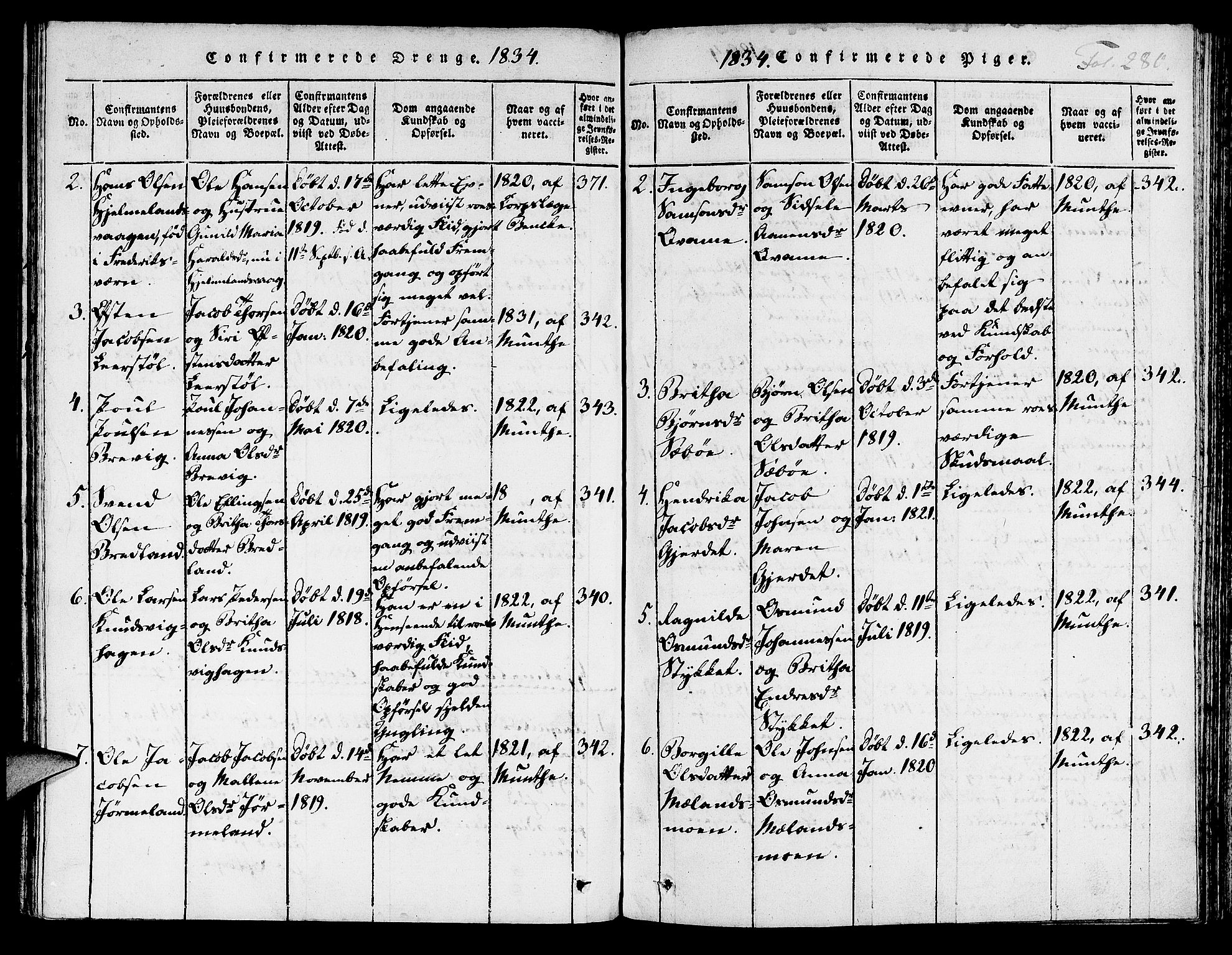 Hjelmeland sokneprestkontor, AV/SAST-A-101843/01/IV/L0003: Parish register (official) no. A 3, 1816-1834, p. 280