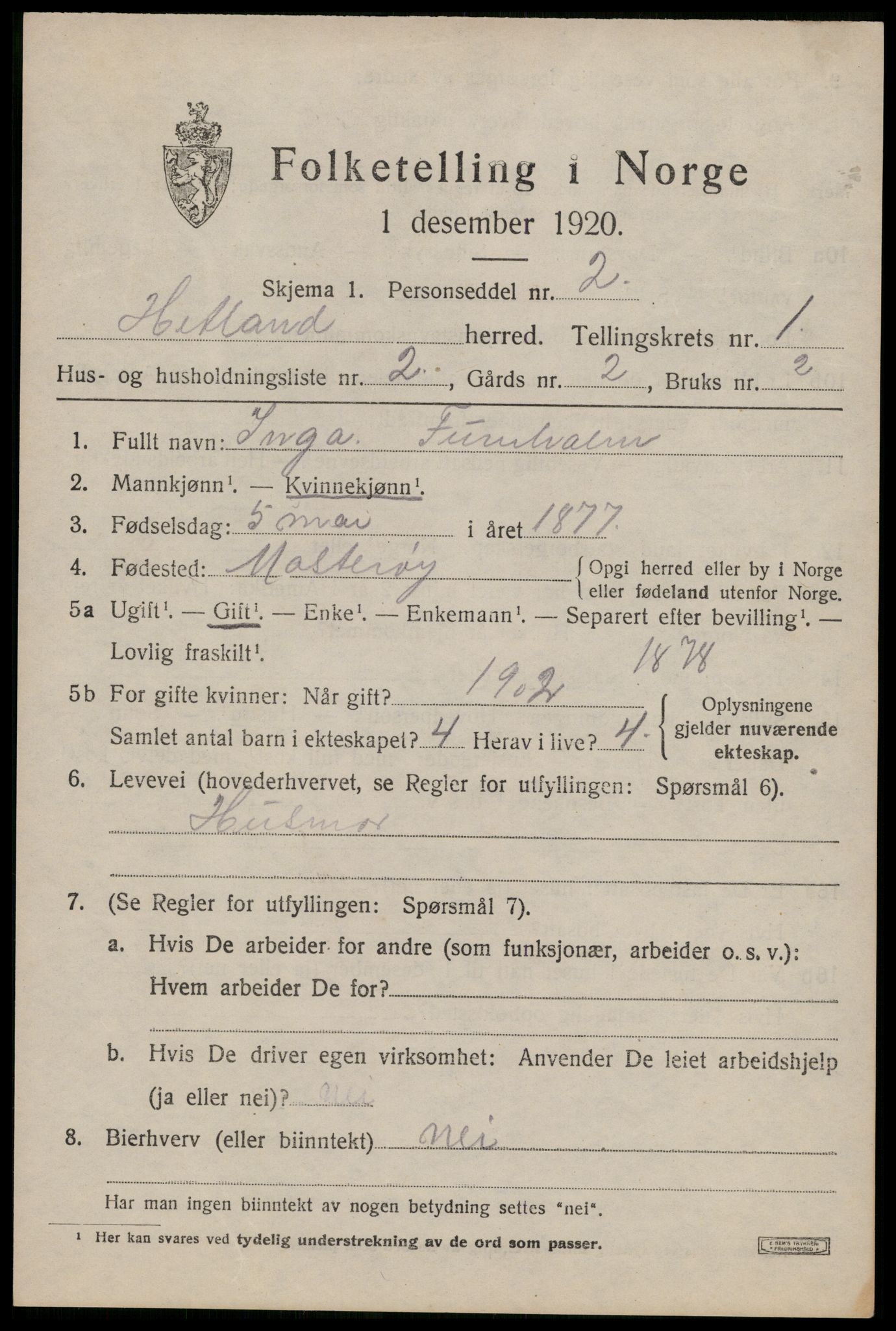 SAST, 1920 census for Hetland, 1920, p. 3577