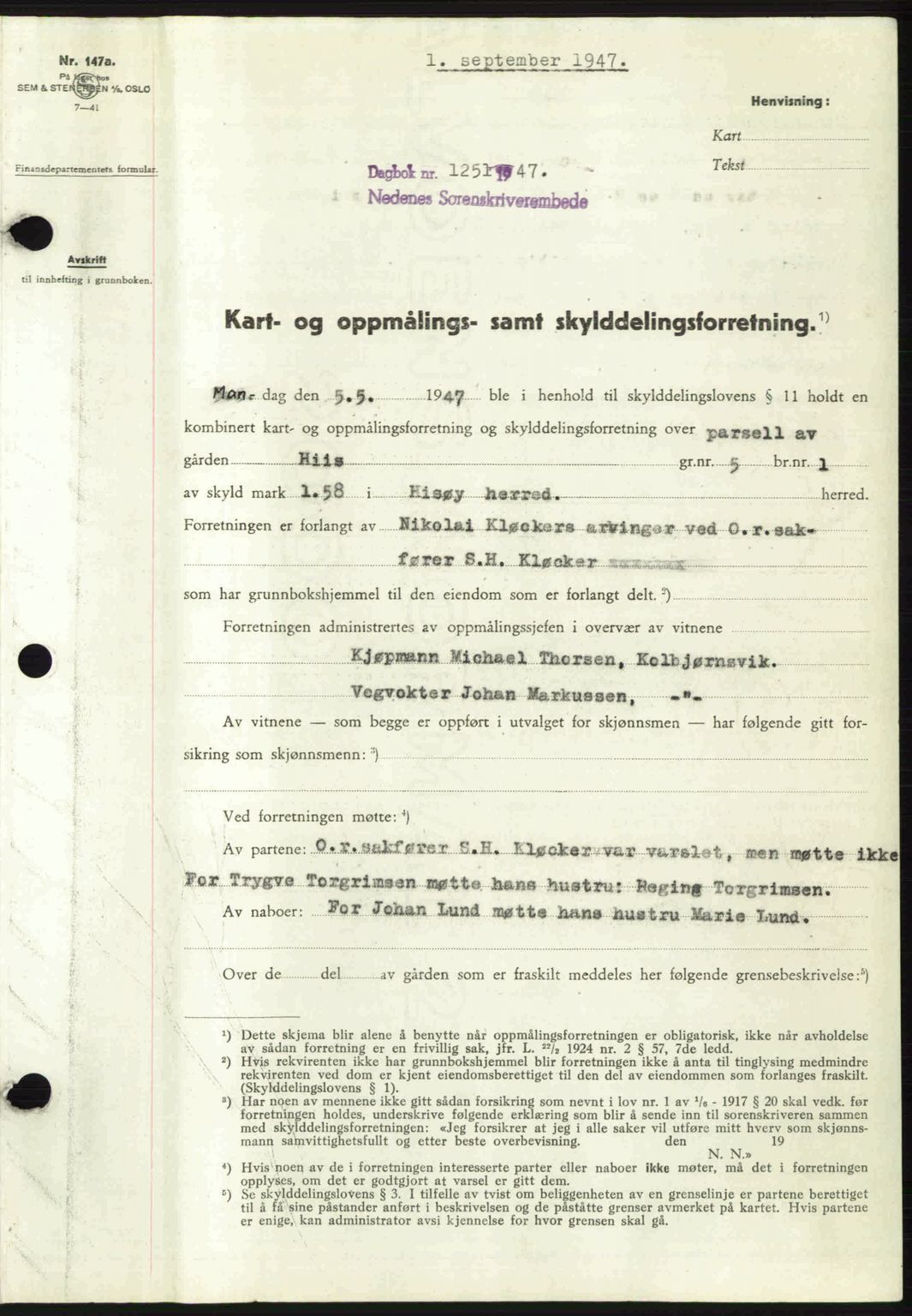 Nedenes sorenskriveri, SAK/1221-0006/G/Gb/Gba/L0058: Mortgage book no. A10, 1947-1948, Diary no: : 1251/1947