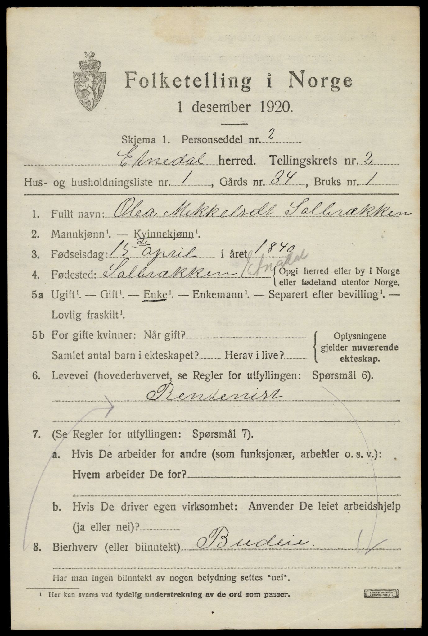 SAH, 1920 census for Etnedal, 1920, p. 1048