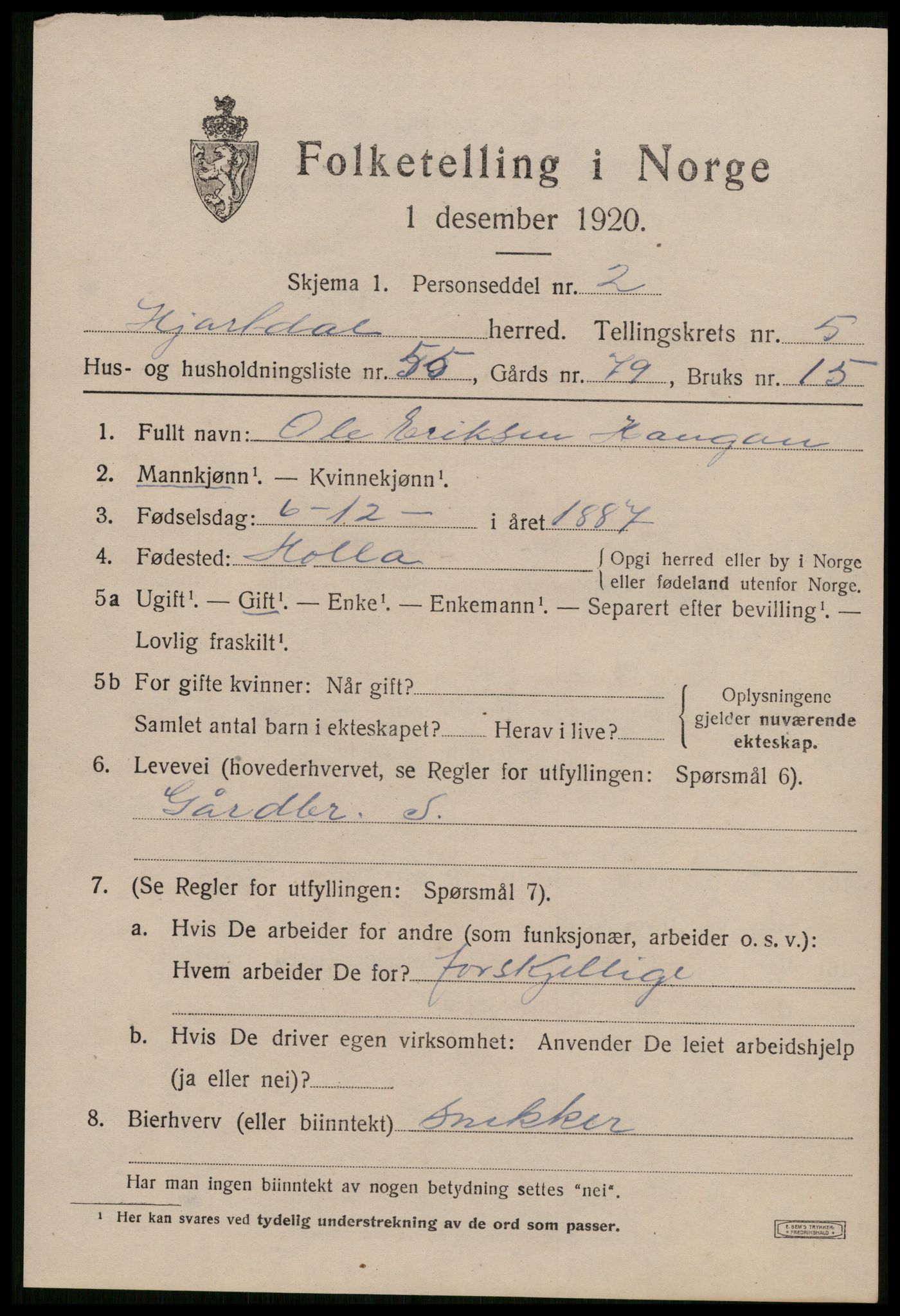 SAKO, 1920 census for Hjartdal, 1920, p. 4014