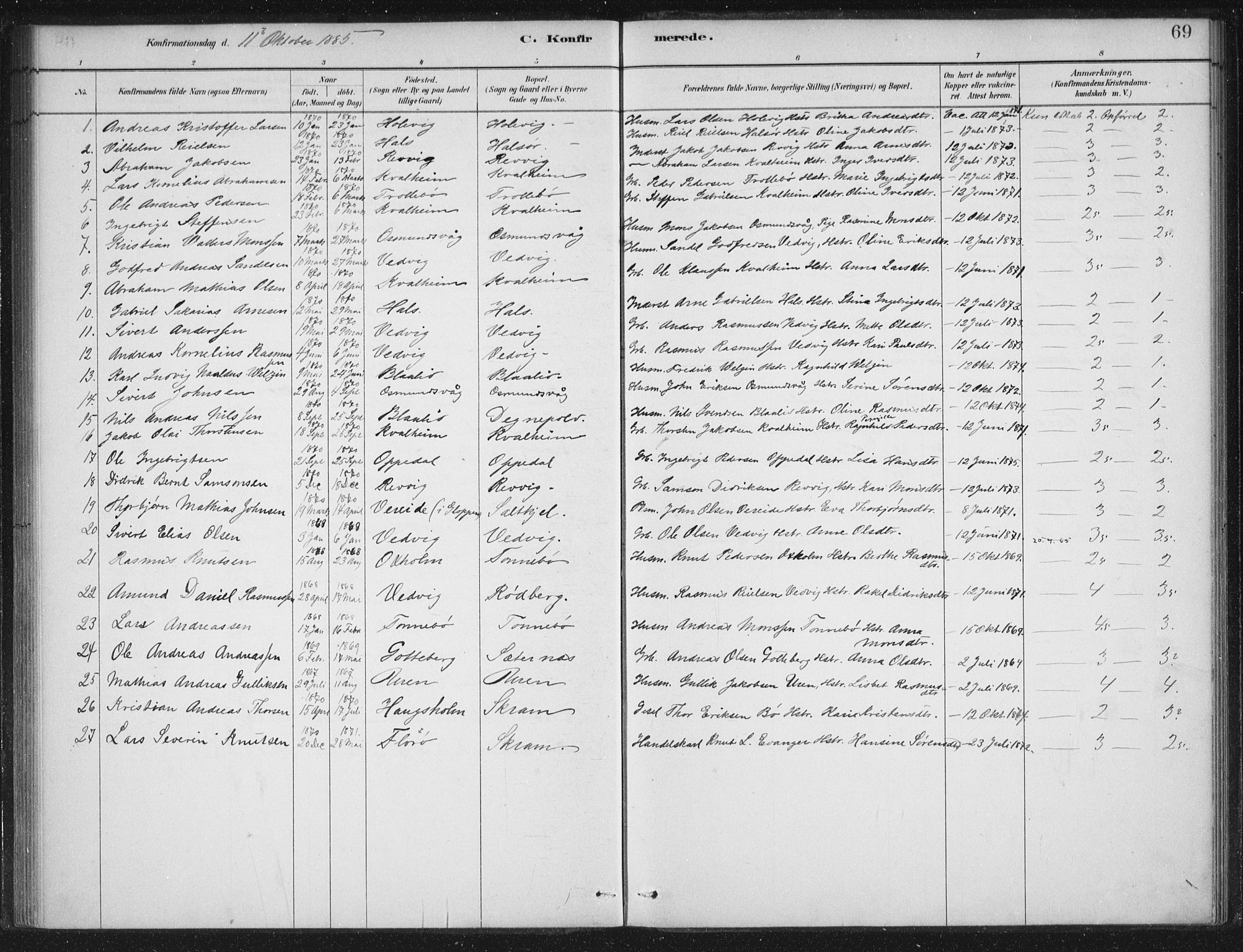 Selje sokneprestembete, AV/SAB-A-99938/H/Ha/Haa/Haac/L0001: Parish register (official) no. C  1, 1881-1888, p. 69