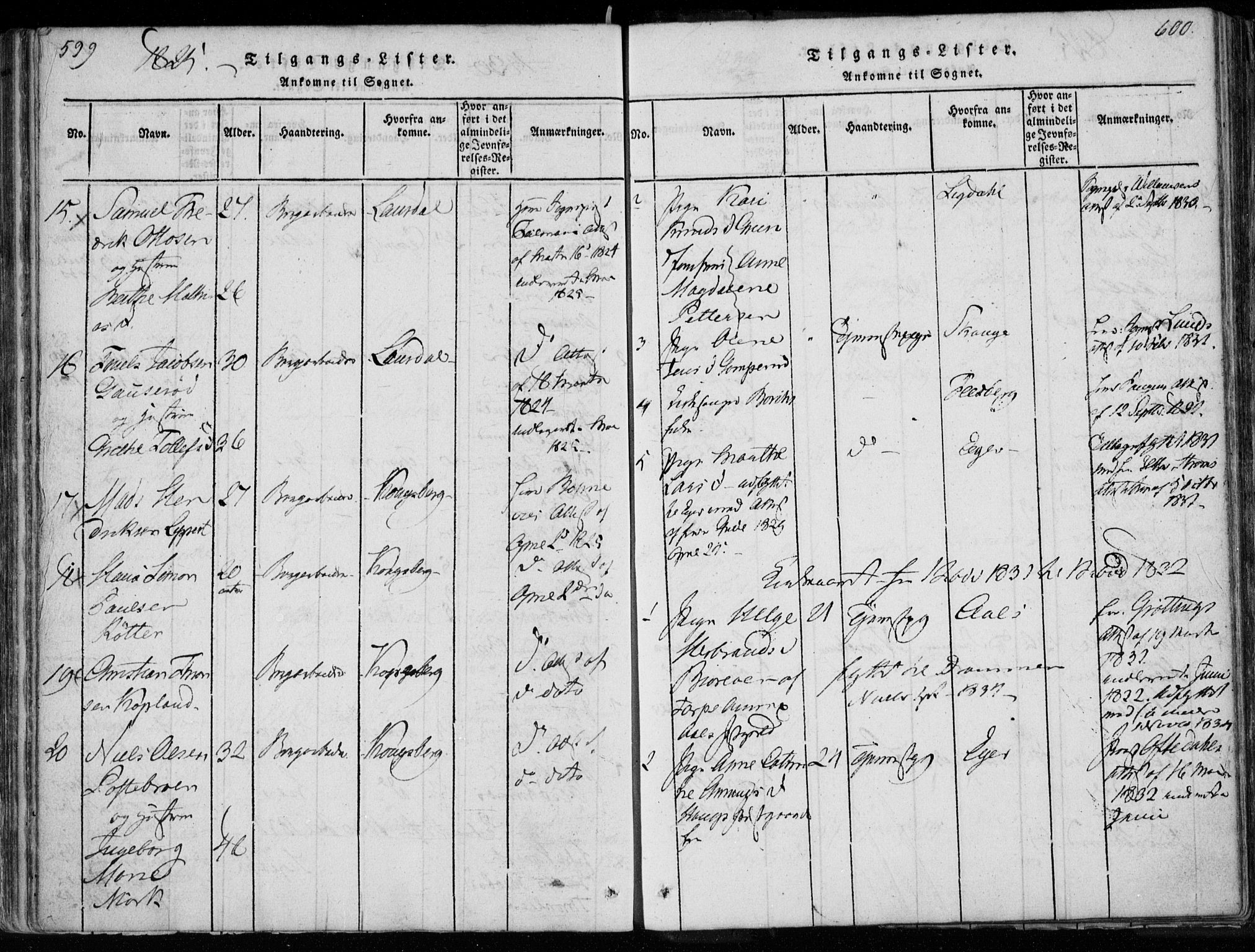 Modum kirkebøker, SAKO/A-234/F/Fa/L0005: Parish register (official) no. 5, 1824-1841, p. 599-600