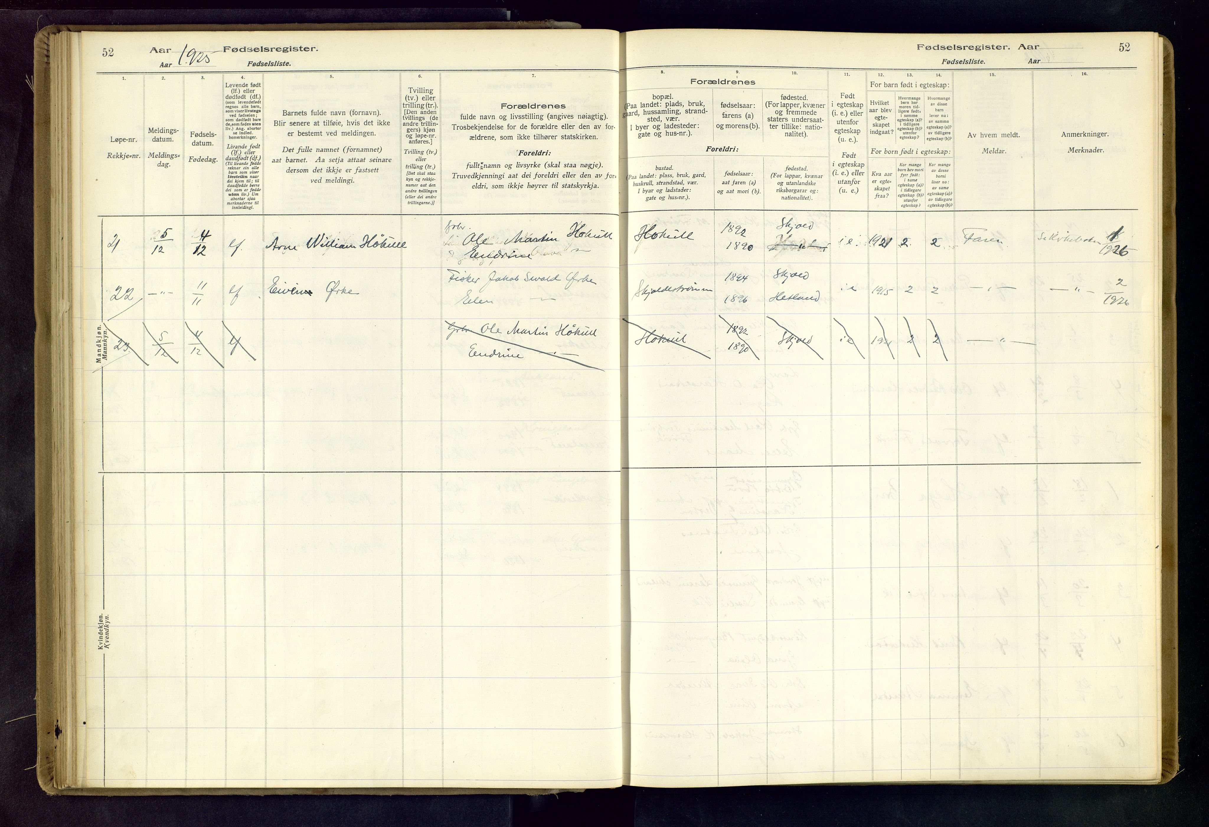 Skjold sokneprestkontor, SAST/A-101847/I/Id/L0001: Birth register no. 1, 1917-1951, p. 52