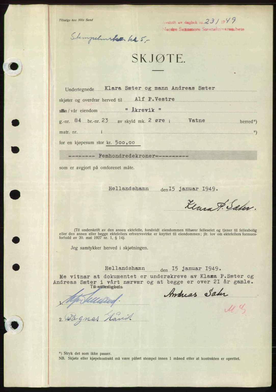 Nordre Sunnmøre sorenskriveri, AV/SAT-A-0006/1/2/2C/2Ca: Mortgage book no. A29, 1948-1949, Diary no: : 231/1949