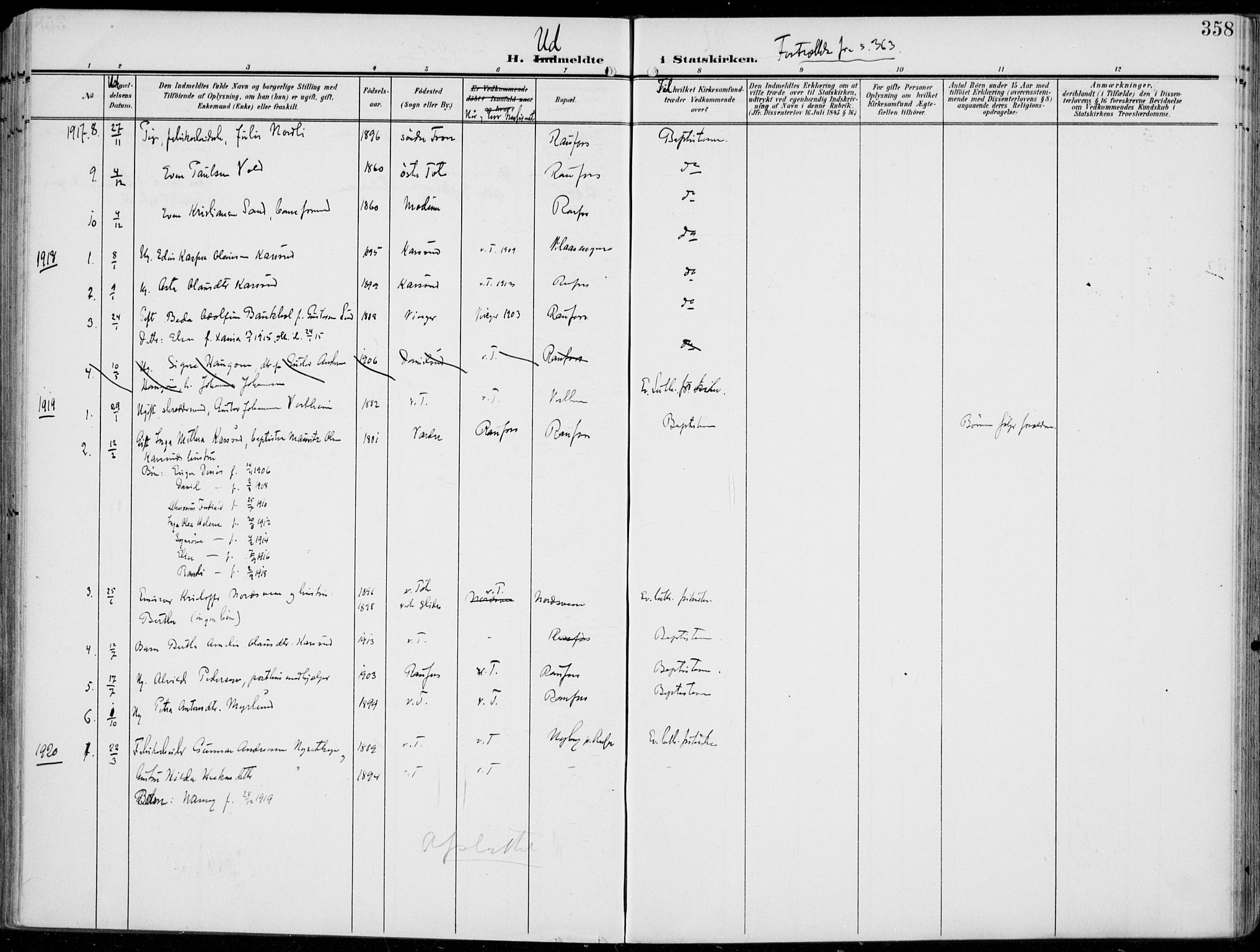 Vestre Toten prestekontor, AV/SAH-PREST-108/H/Ha/Haa/L0014: Parish register (official) no. 14, 1907-1920, p. 358