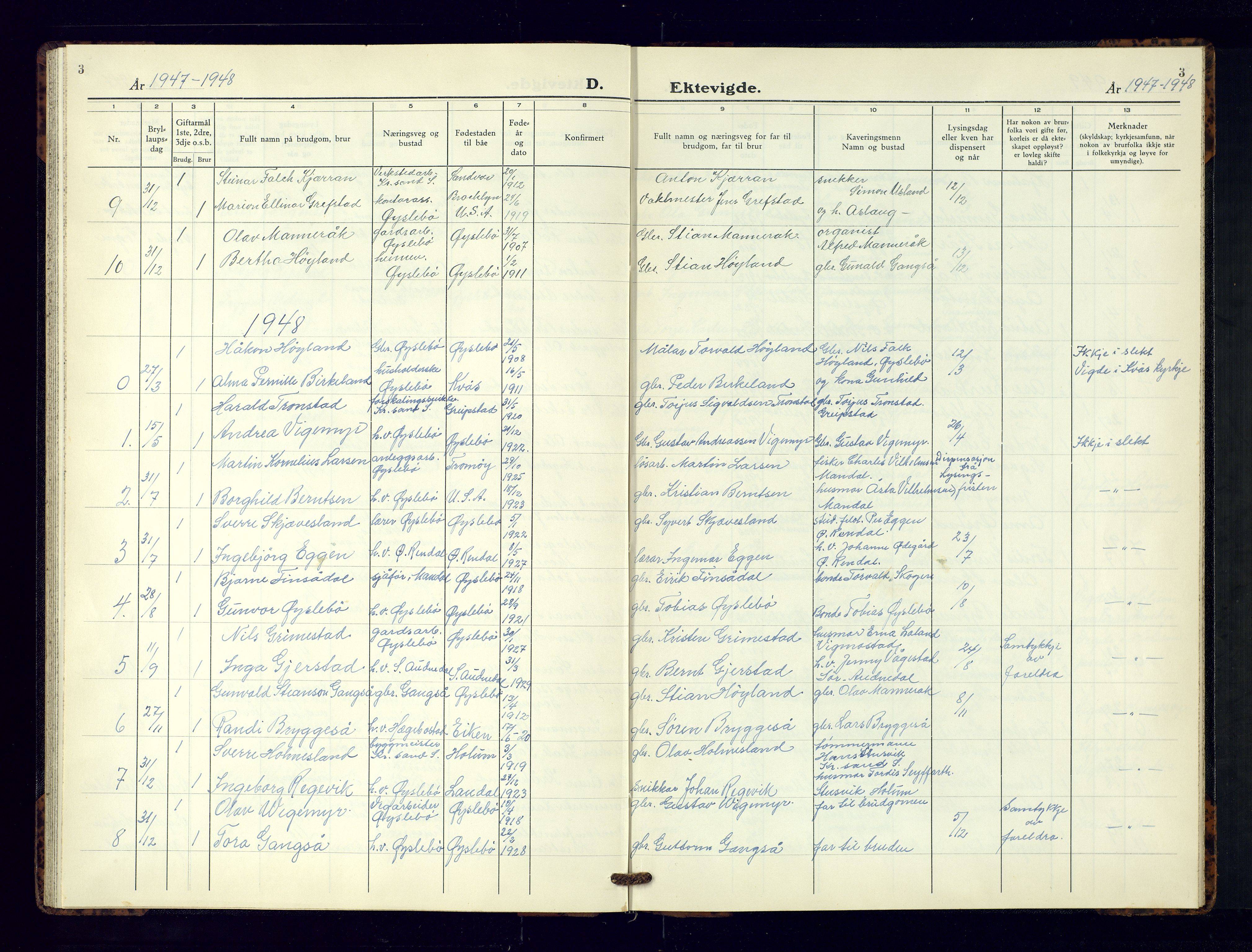 Holum sokneprestkontor, AV/SAK-1111-0022/F/Fb/Fbc/L0006: Parish register (copy) no. B-6, 1946-1959, p. 3