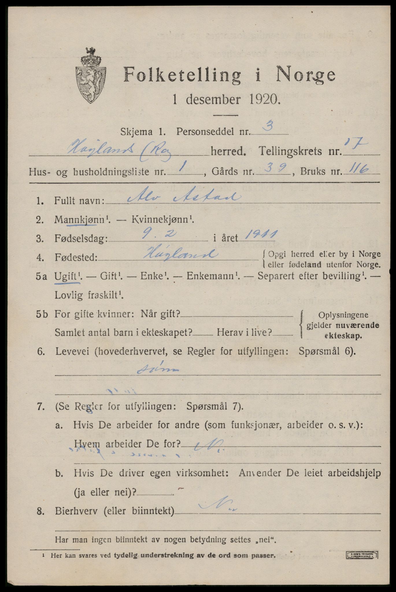 SAST, 1920 census for Høyland, 1920, p. 15604