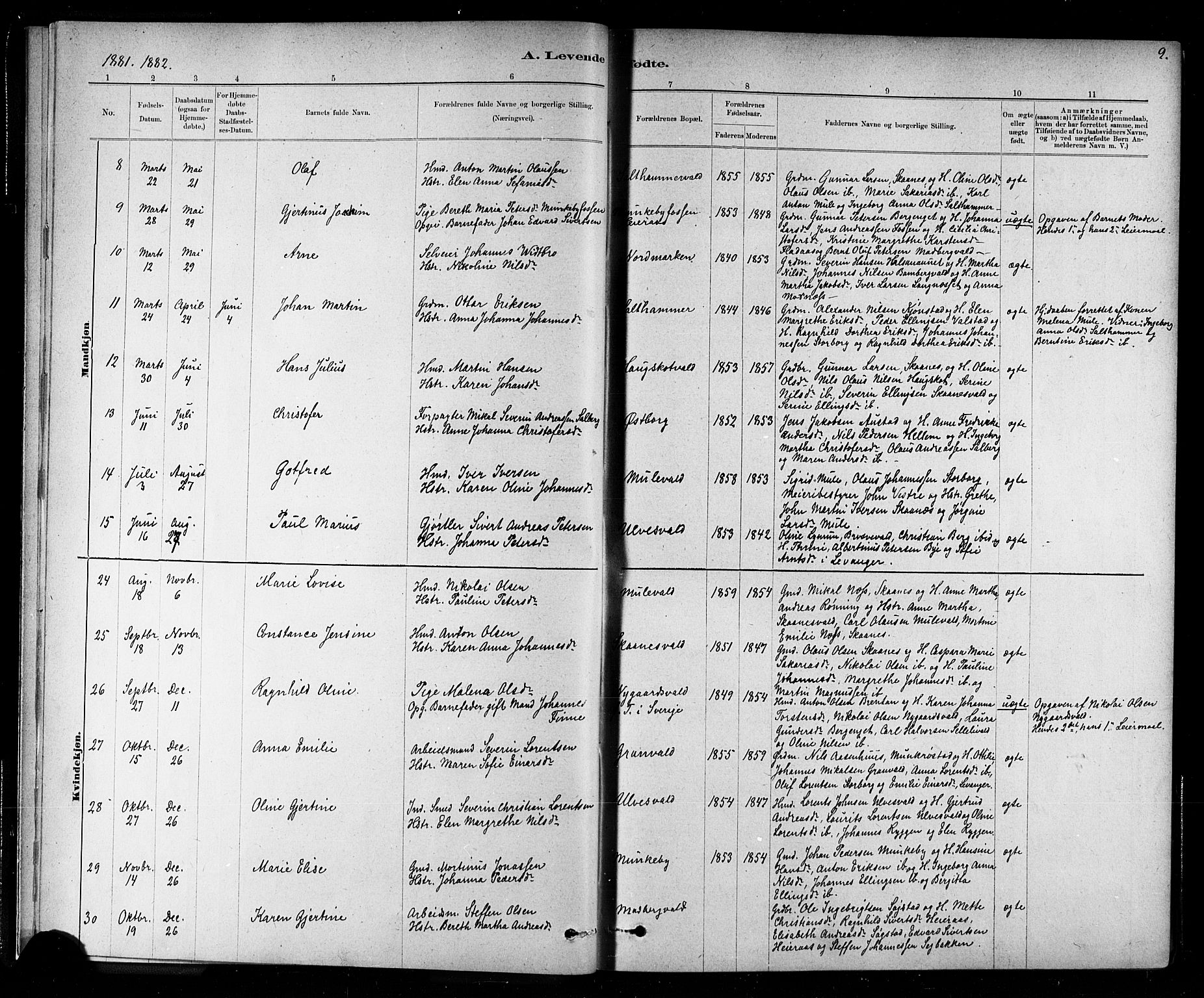 Ministerialprotokoller, klokkerbøker og fødselsregistre - Nord-Trøndelag, SAT/A-1458/721/L0208: Parish register (copy) no. 721C01, 1880-1917, p. 9