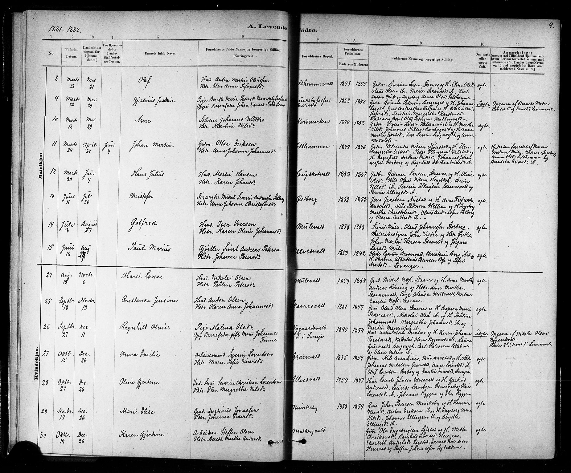 Ministerialprotokoller, klokkerbøker og fødselsregistre - Nord-Trøndelag, AV/SAT-A-1458/721/L0208: Parish register (copy) no. 721C01, 1880-1917, p. 9