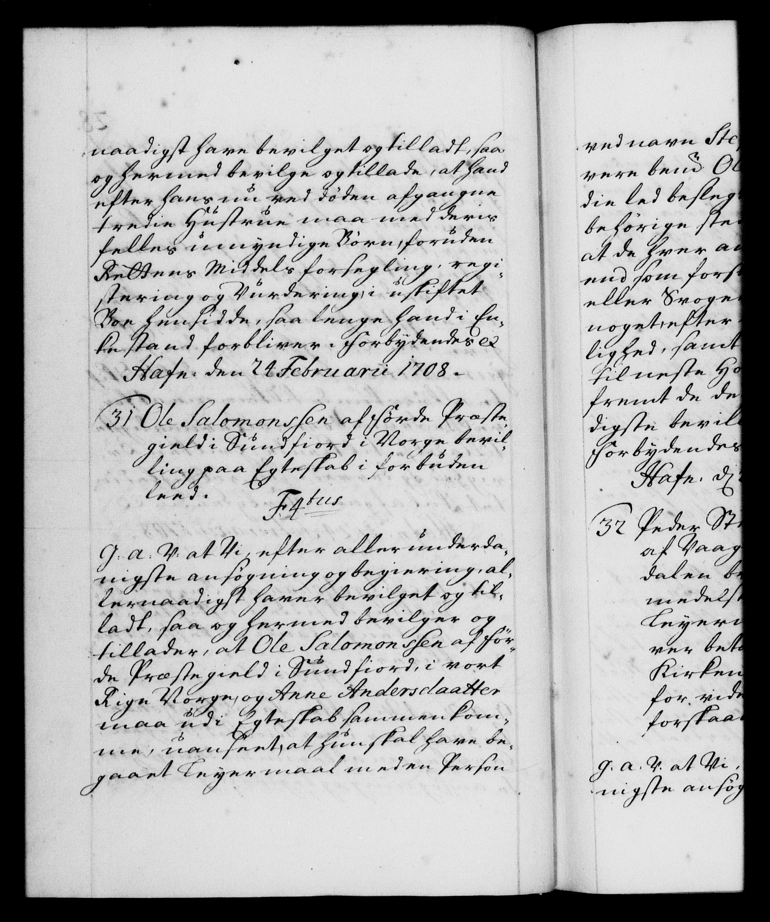 Danske Kanselli 1572-1799, RA/EA-3023/F/Fc/Fca/Fcaa/L0020: Norske registre, 1708-1711, p. 28b