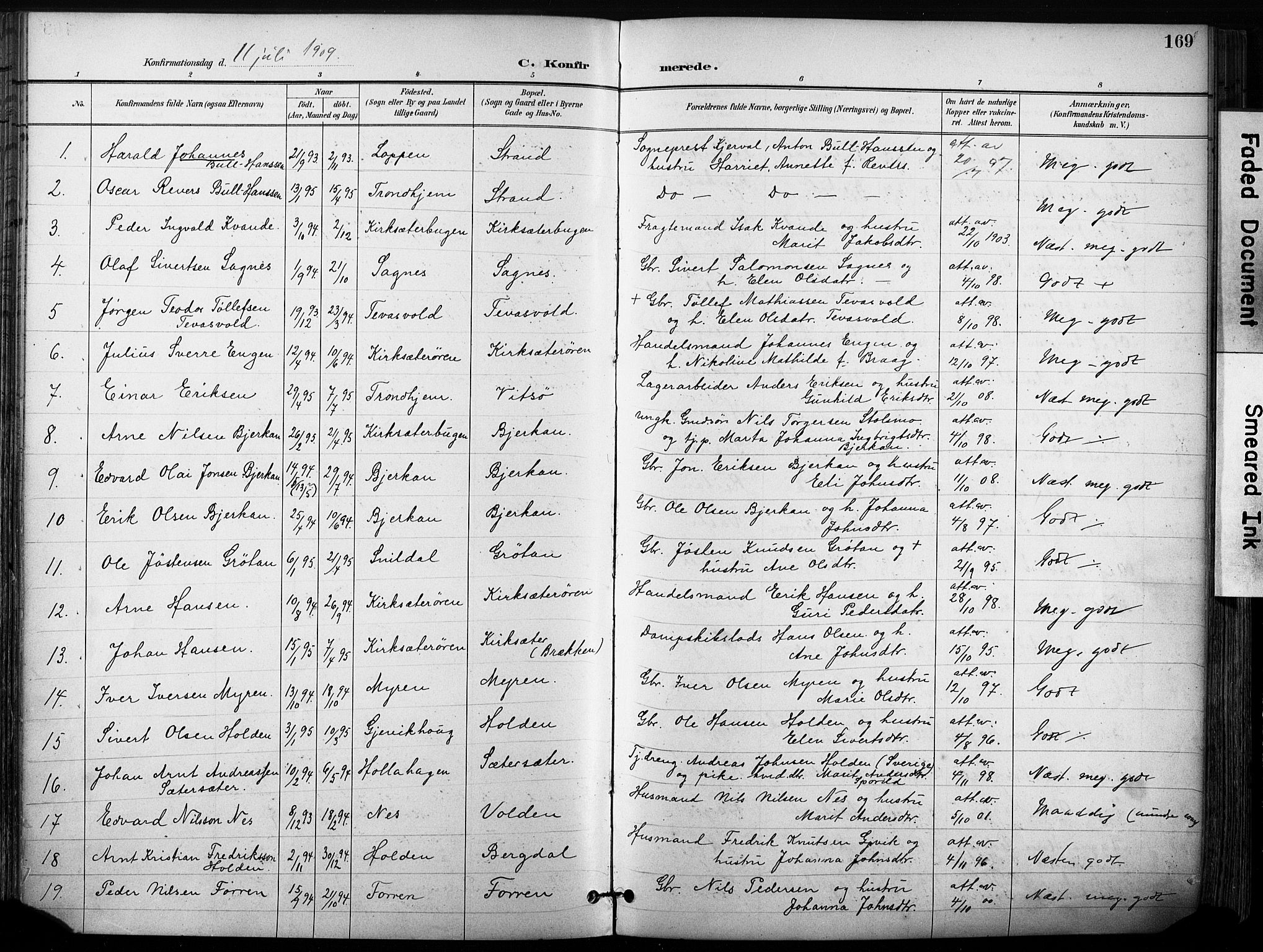 Ministerialprotokoller, klokkerbøker og fødselsregistre - Sør-Trøndelag, SAT/A-1456/630/L0497: Parish register (official) no. 630A10, 1896-1910, p. 169