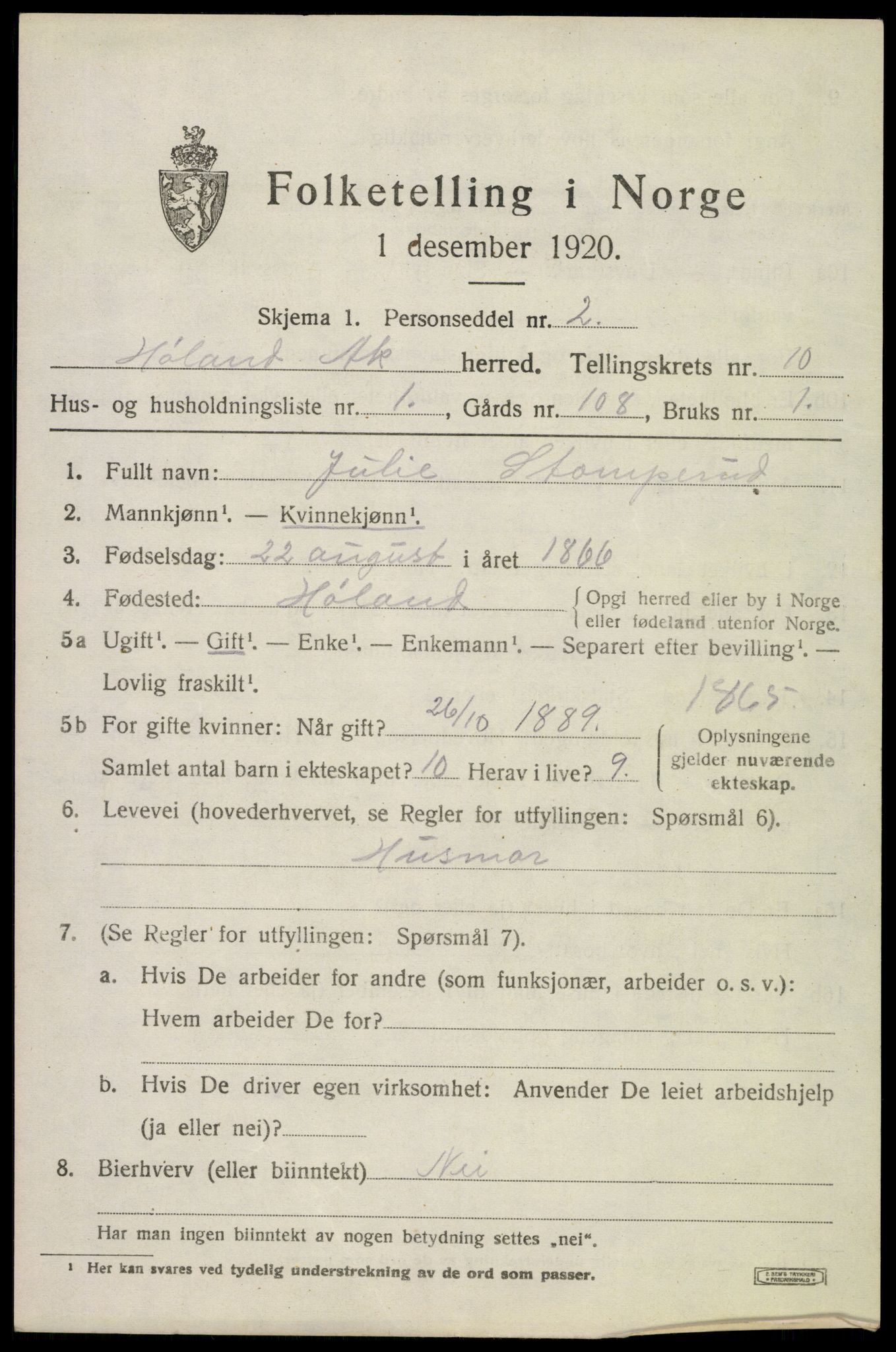 SAO, 1920 census for Høland, 1920, p. 10369