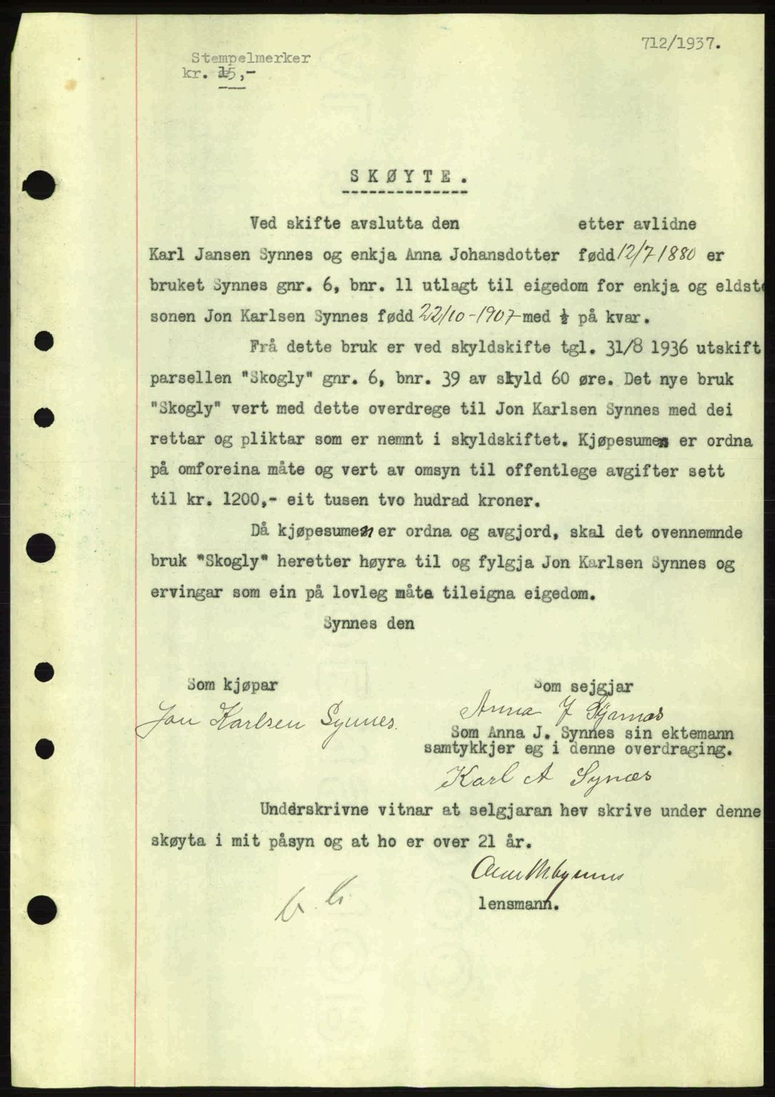 Nordre Sunnmøre sorenskriveri, AV/SAT-A-0006/1/2/2C/2Ca: Mortgage book no. A2, 1936-1937, Diary no: : 712/1937