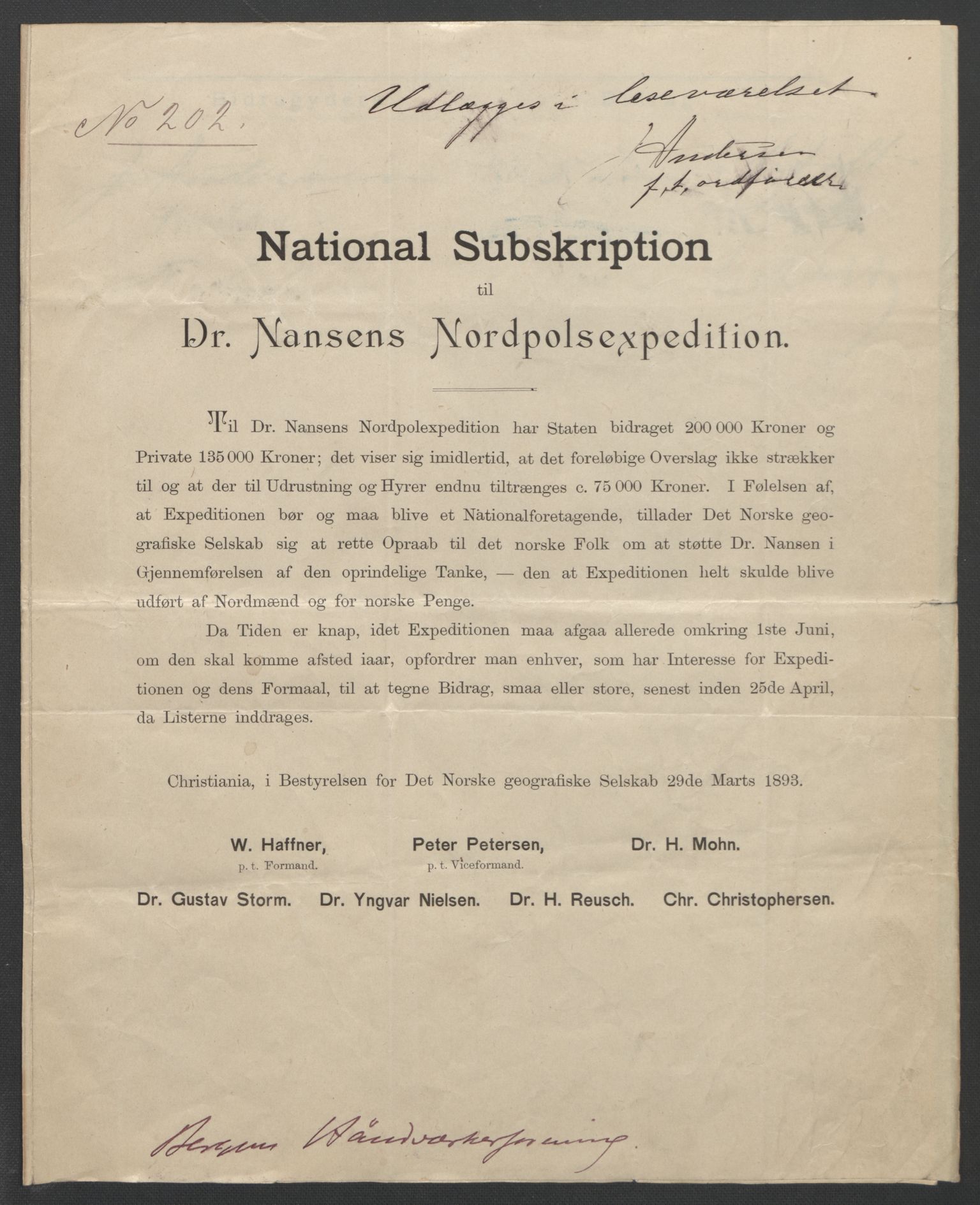 Arbeidskomitéen for Fridtjof Nansens polarekspedisjon, AV/RA-PA-0061/D/L0001/0005: Pengeinnsamlingen / Bidragslister med følgebrev, 1893, p. 19