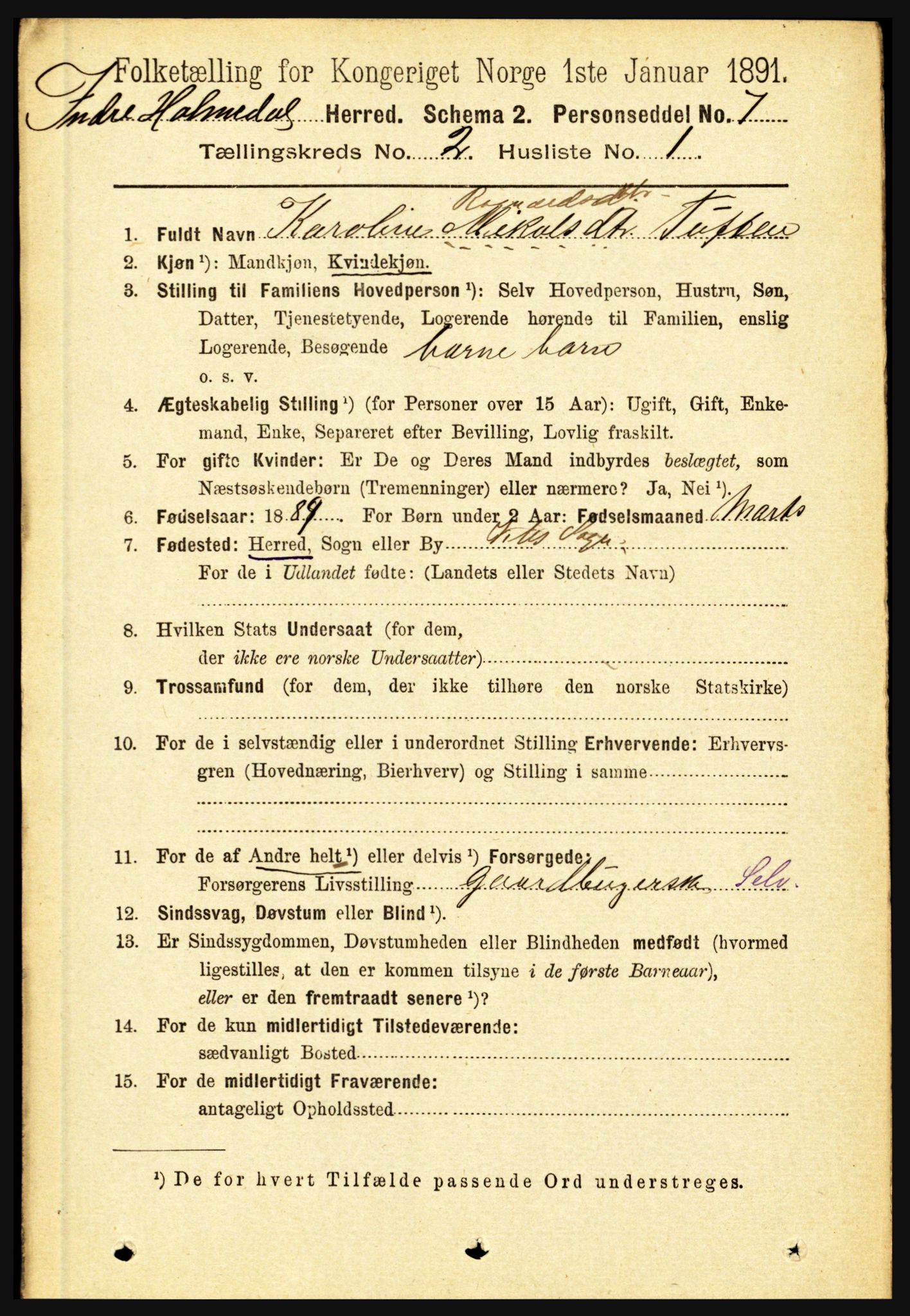 RA, 1891 census for 1430 Indre Holmedal, 1891, p. 463