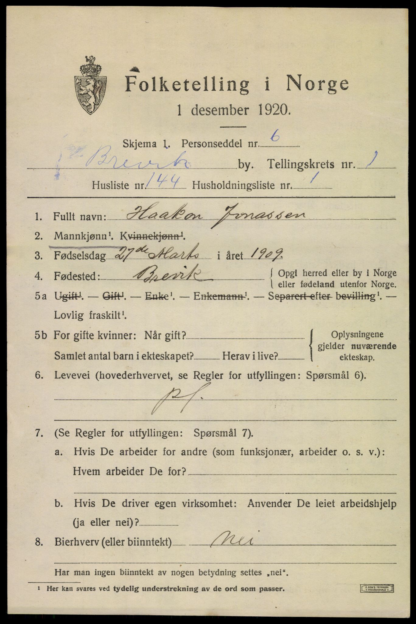 SAKO, 1920 census for Brevik, 1920, p. 3866