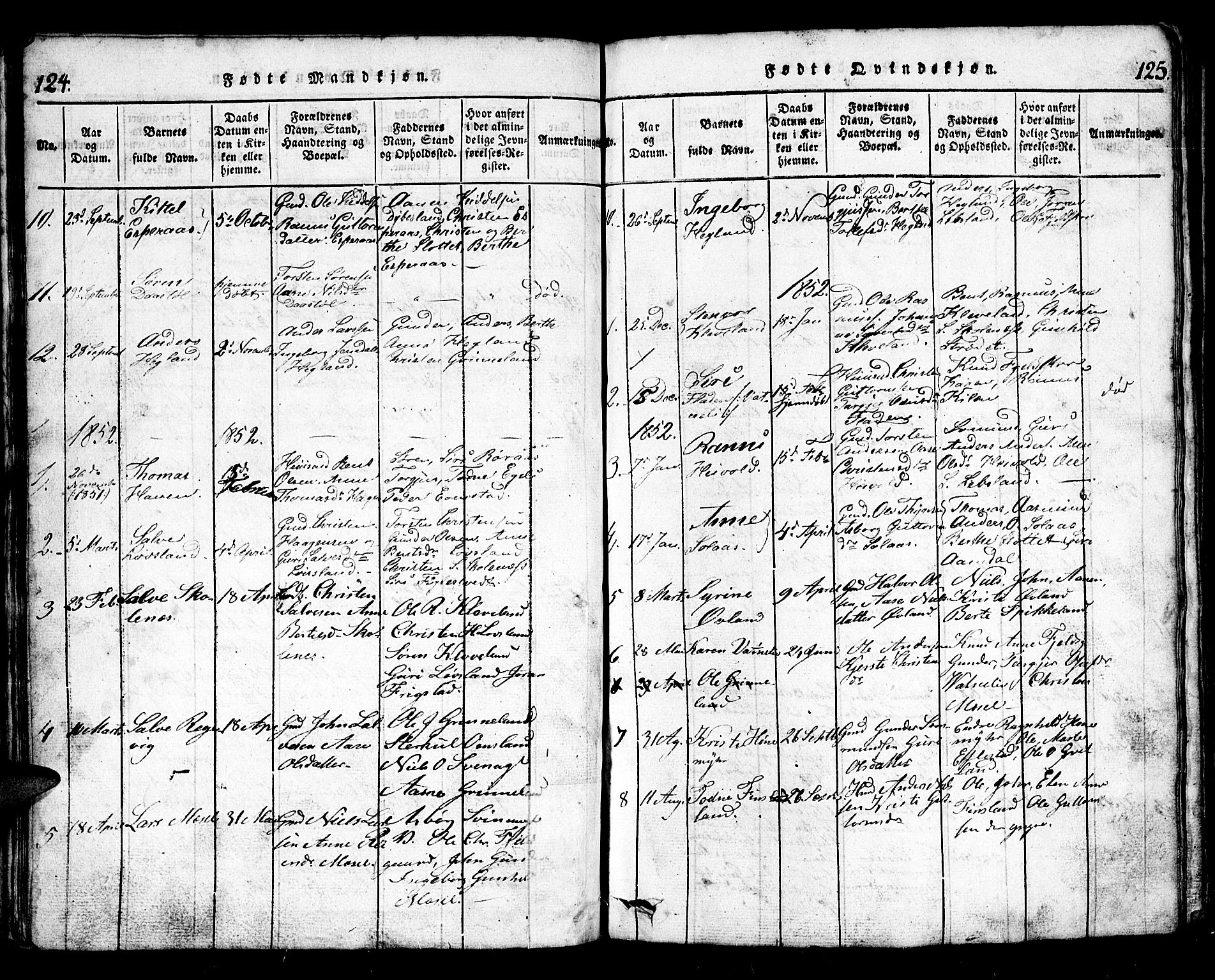 Bjelland sokneprestkontor, SAK/1111-0005/F/Fb/Fbb/L0003: Parish register (copy) no. B 3, 1816-1868, p. 124-125