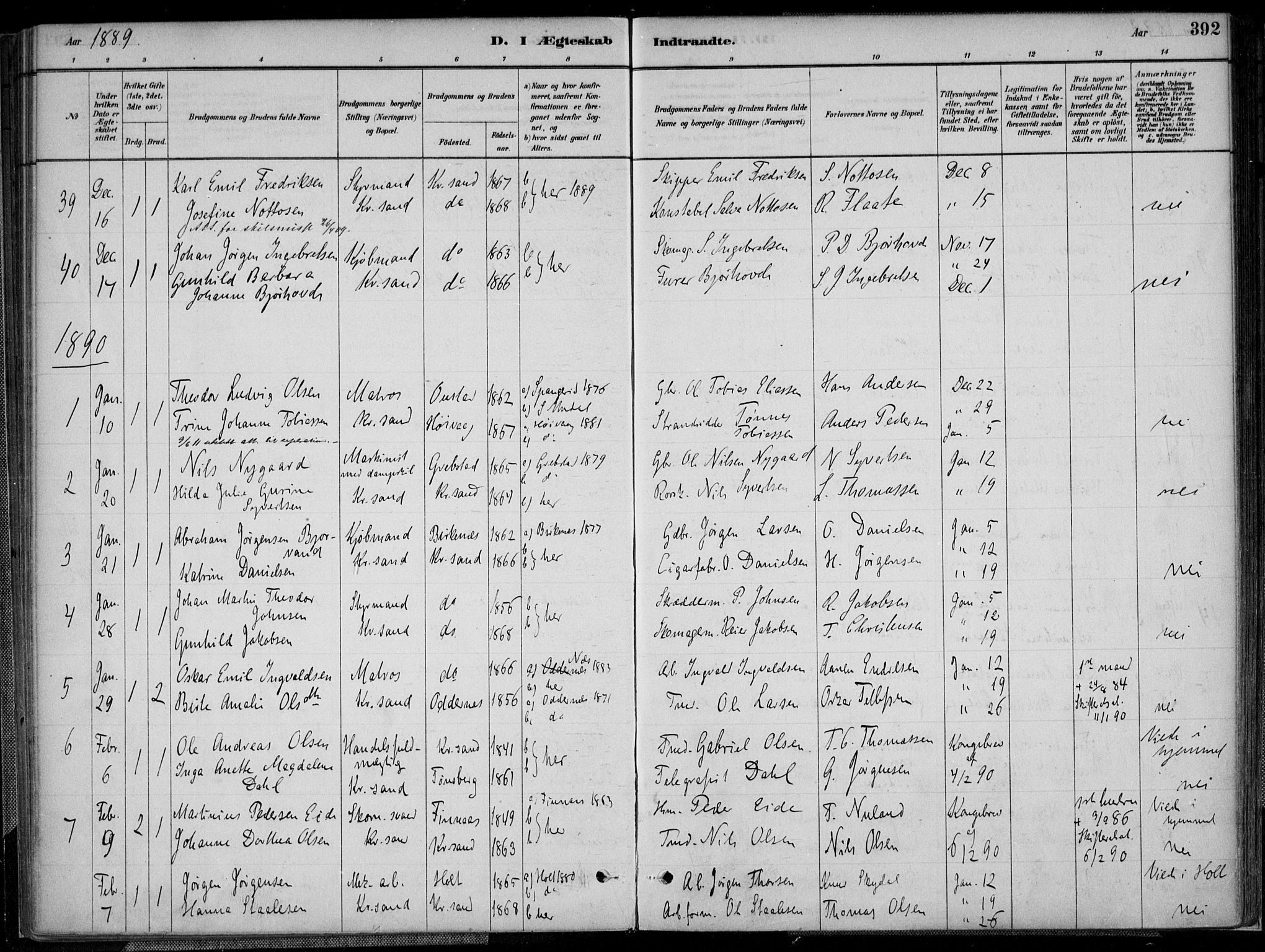 Kristiansand domprosti, SAK/1112-0006/F/Fa/L0017: Parish register (official) no. A 16B, 1880-1890, p. 392
