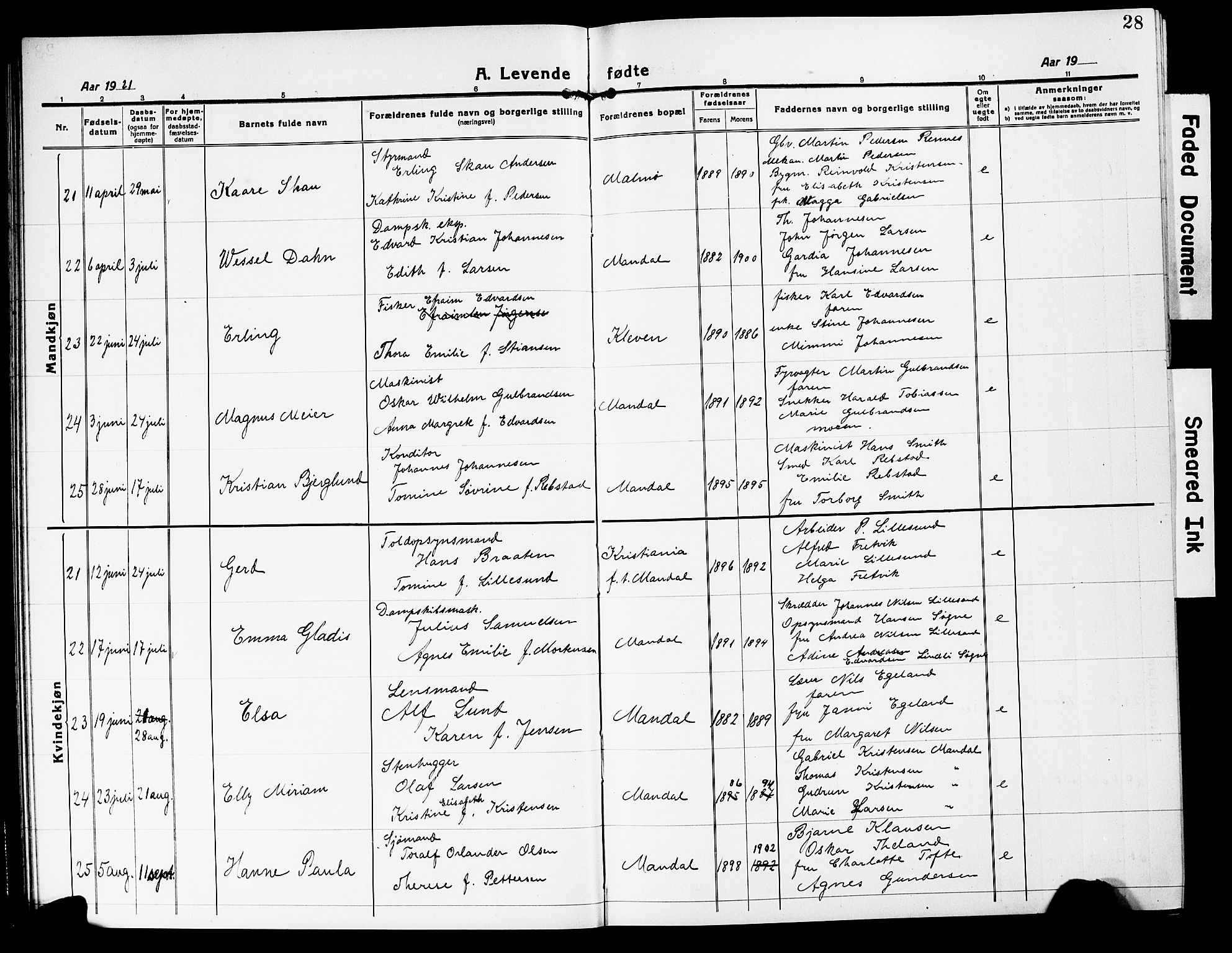 Mandal sokneprestkontor, AV/SAK-1111-0030/F/Fb/Fbc/L0001: Parish register (copy) no. B 1, 1918-1931, p. 28